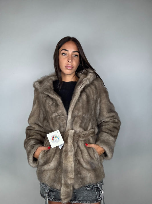 Mink jacket with belt and hood