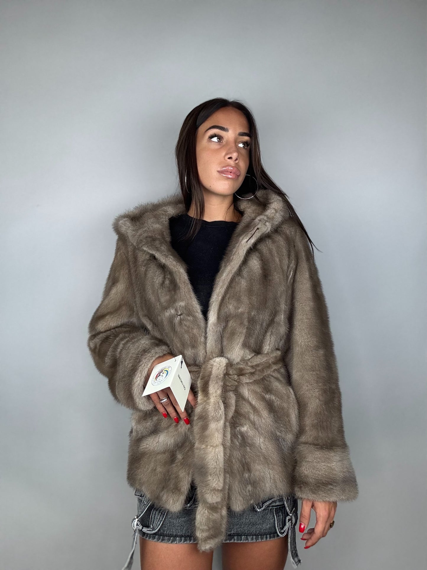 Mink jacket with belt and hood