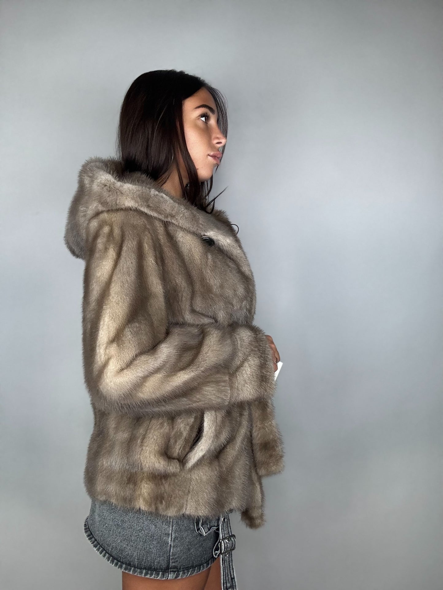Mink jacket with belt and hood