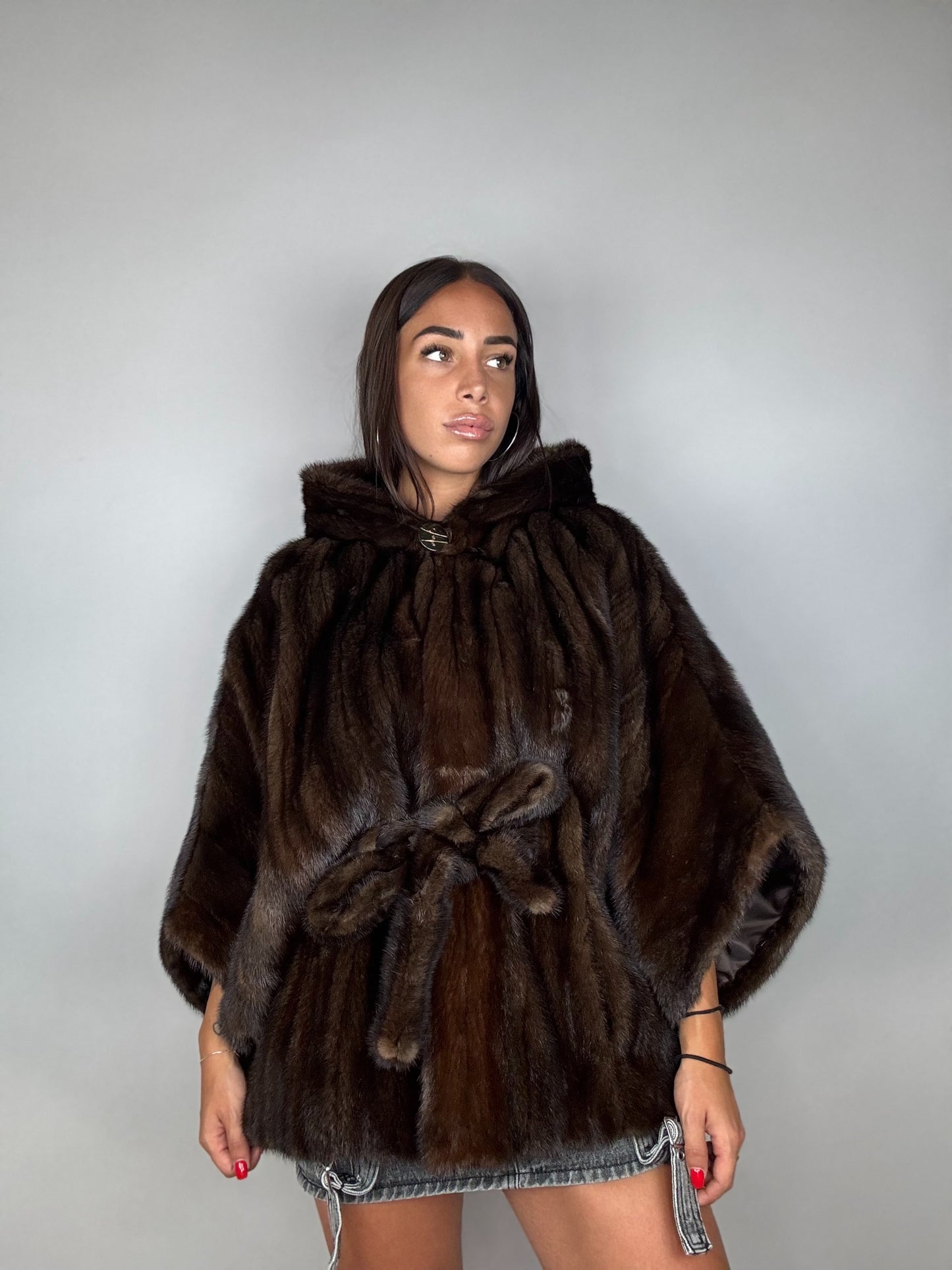 Mink jacket with belt and hood