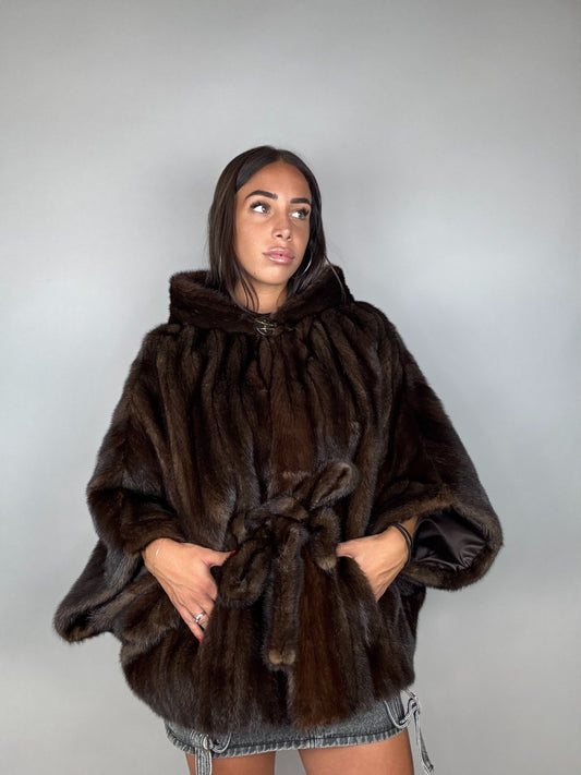 Mink jacket with belt and hood