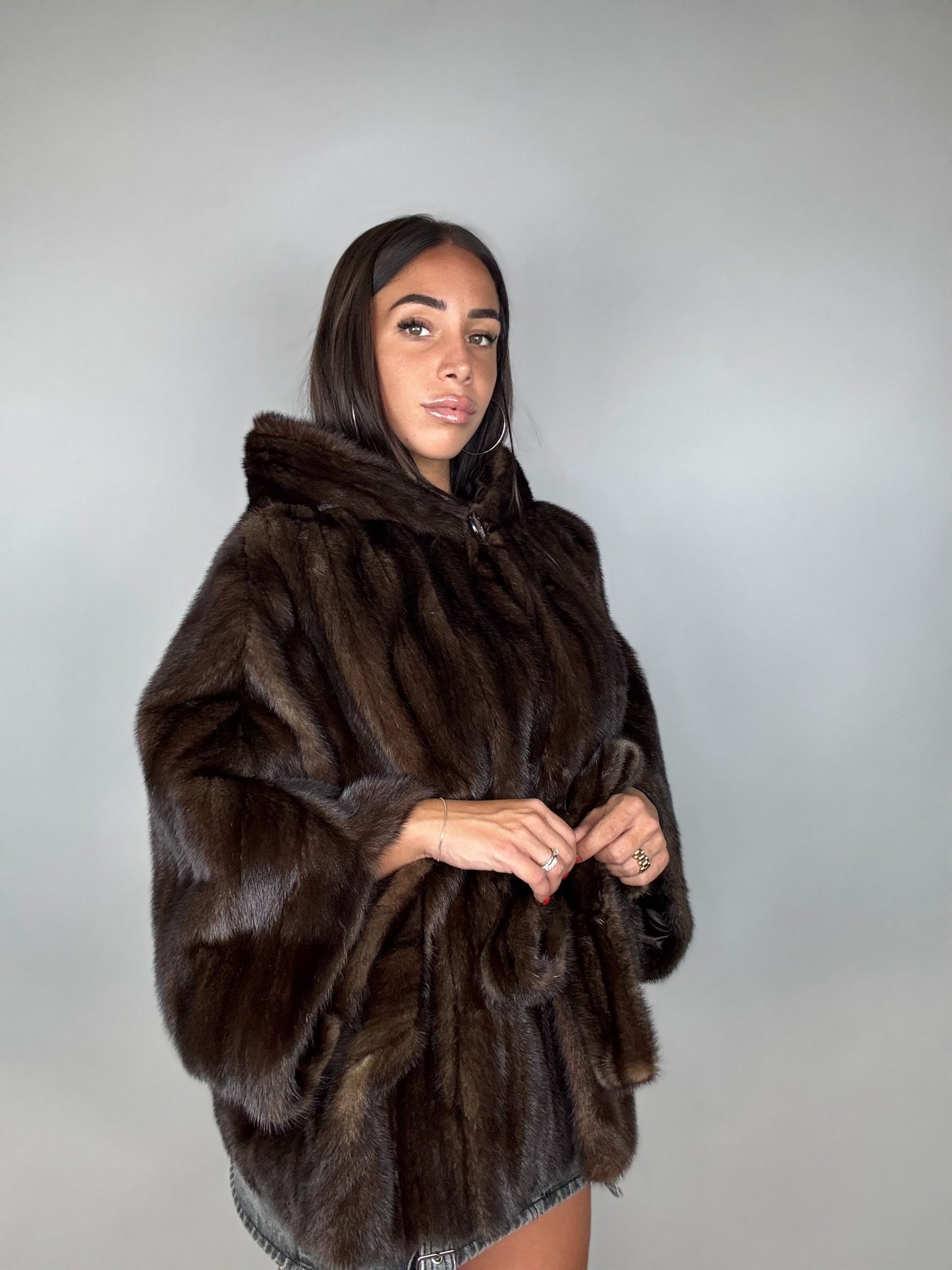 Mink jacket with belt and hood