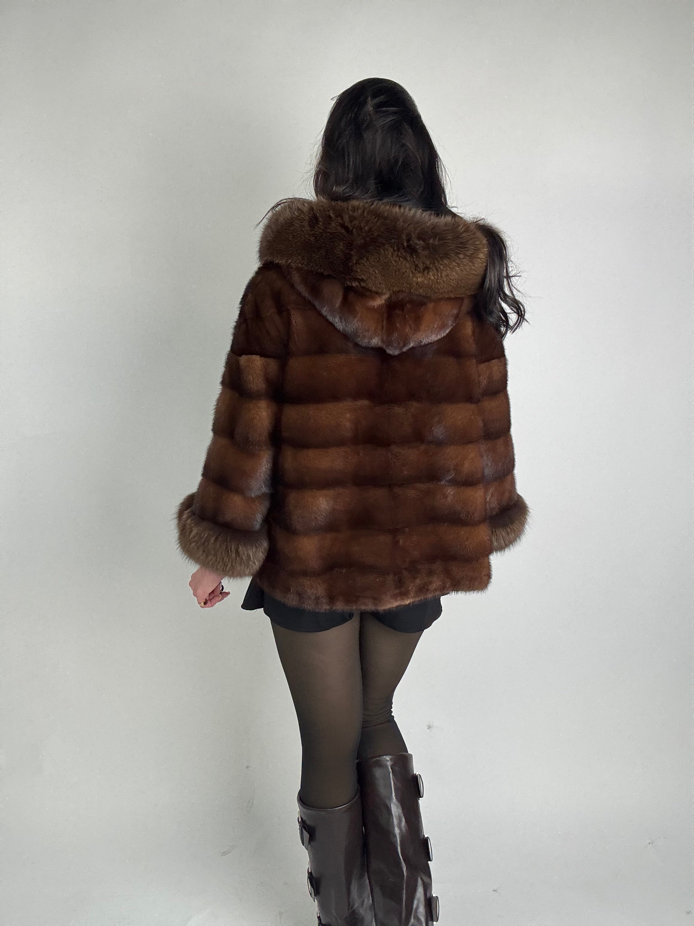 Mink jacket with belt and hood