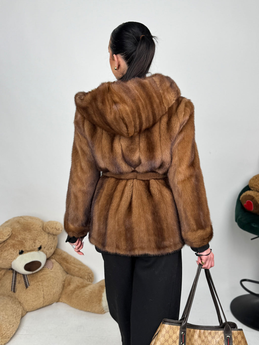 Mink jacket with belt and hood