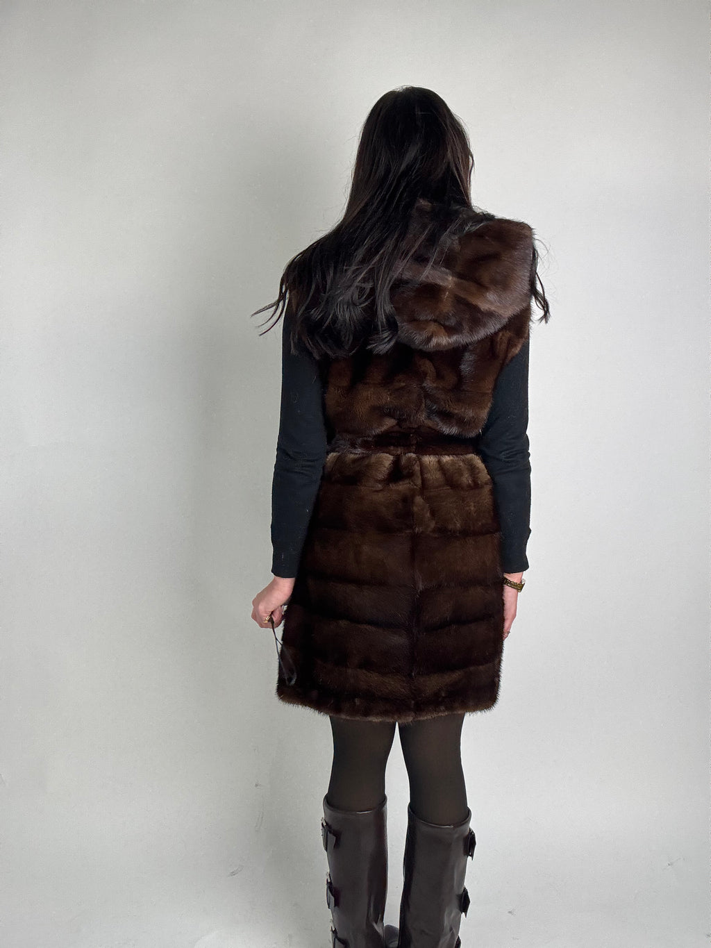 Mink jacket with belt and hood