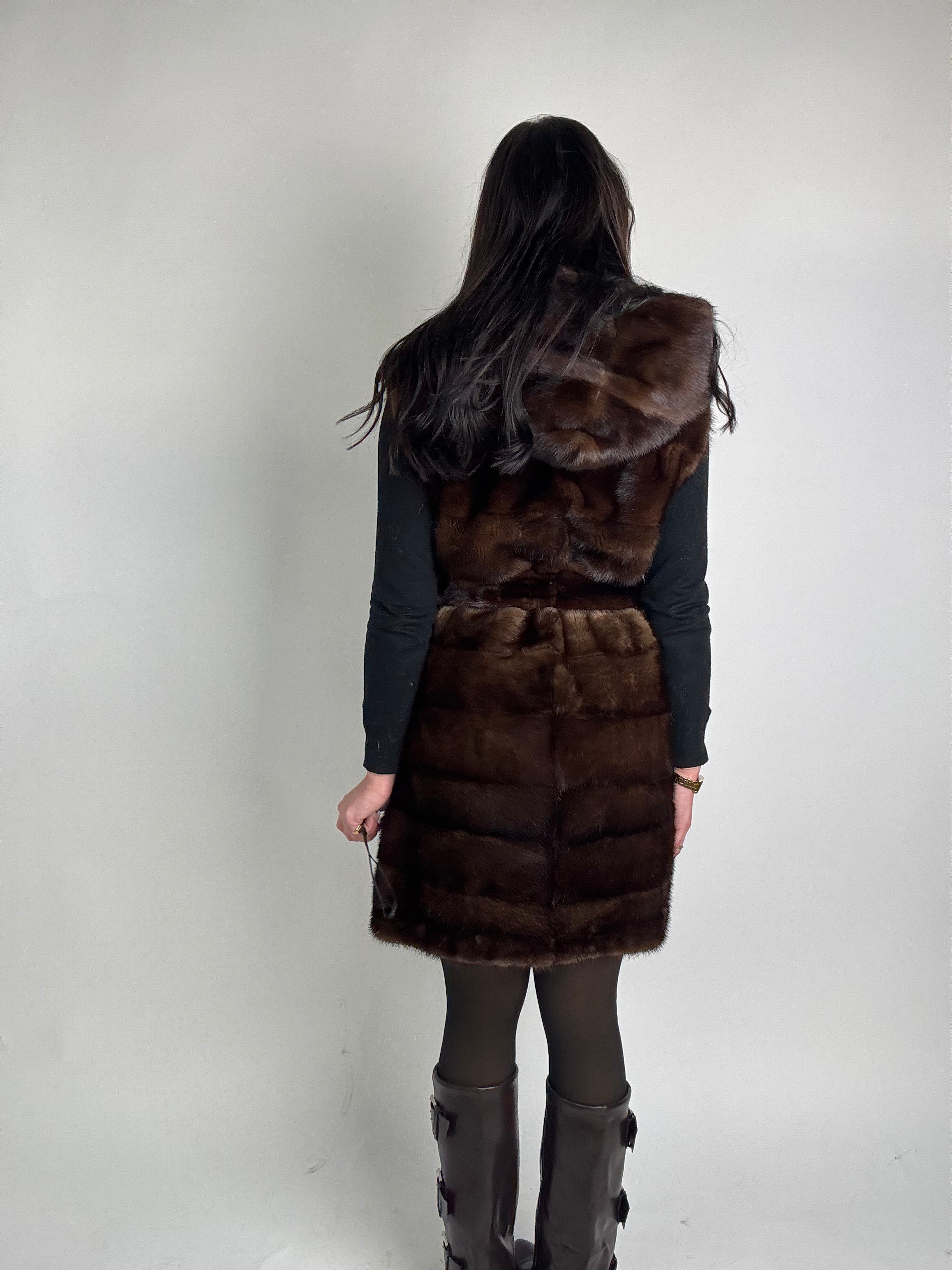 Mink jacket with belt and hood