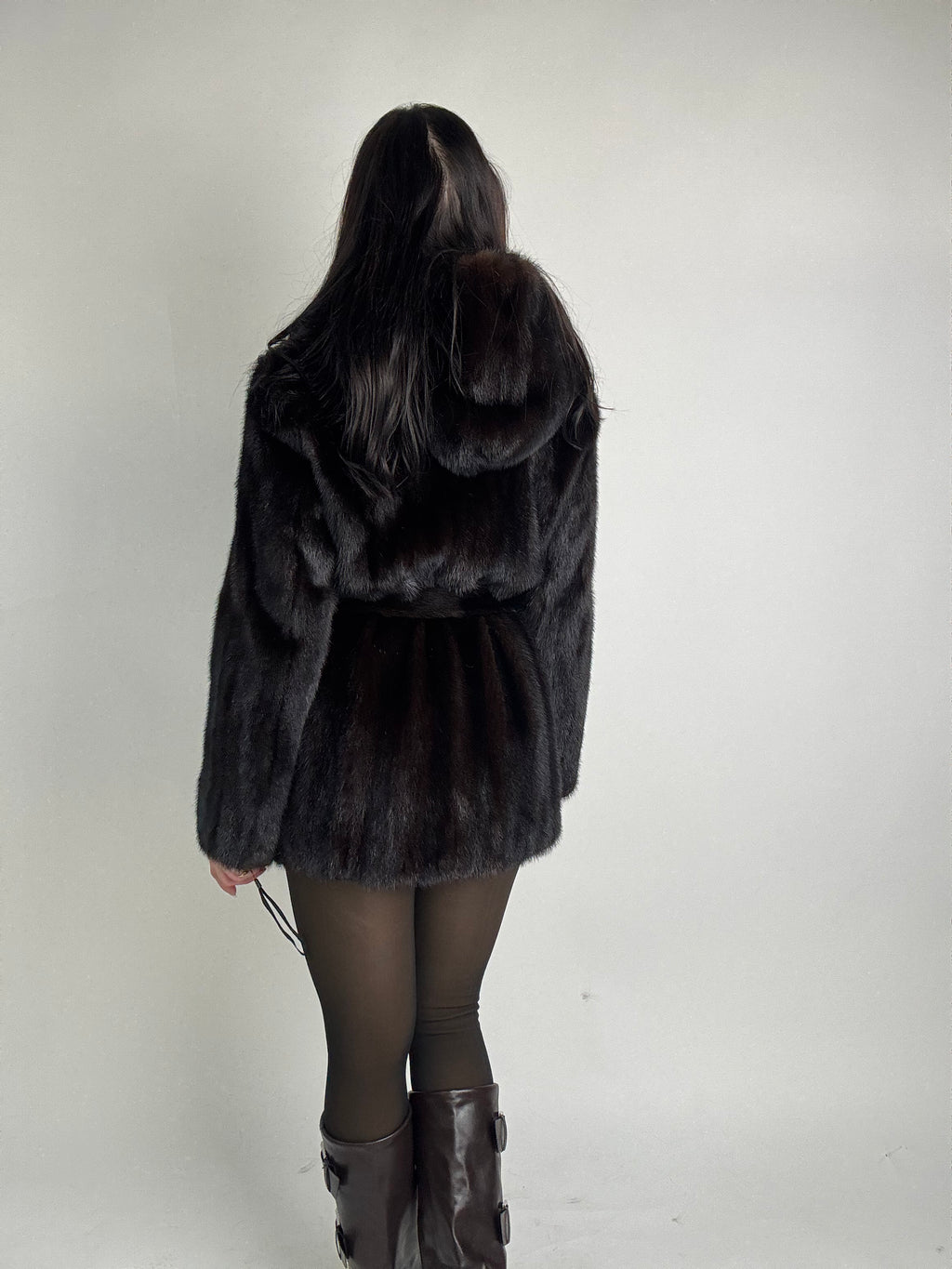 Mink jacket with belt and hood