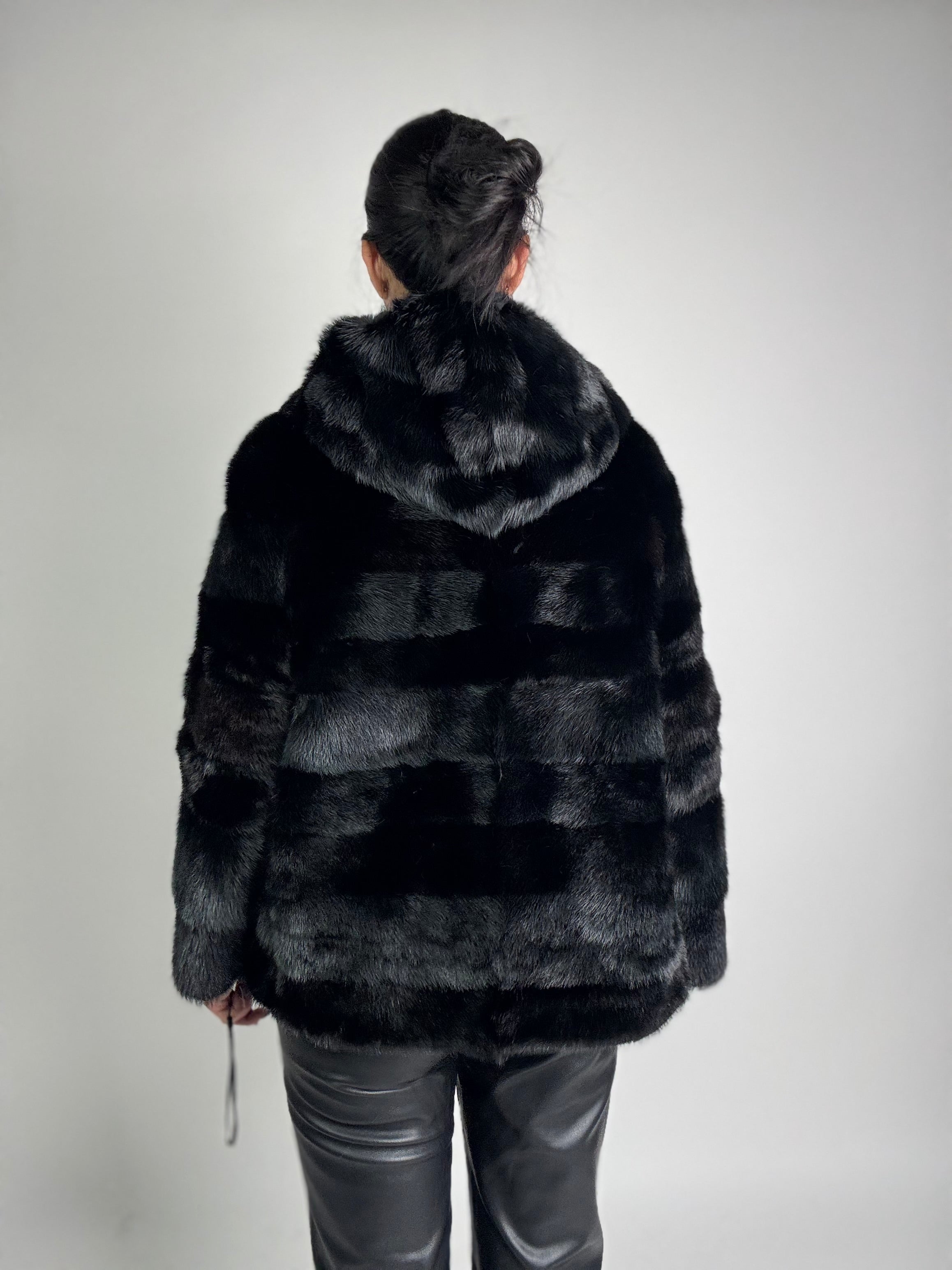 Mink vest with belt and hood