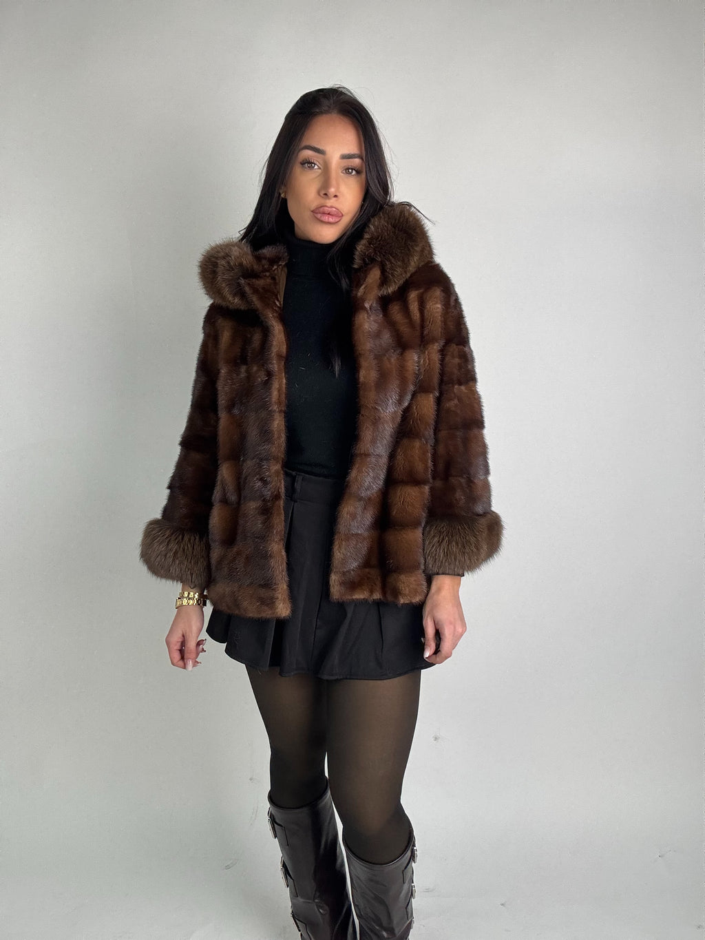 Mink jacket with belt and hood