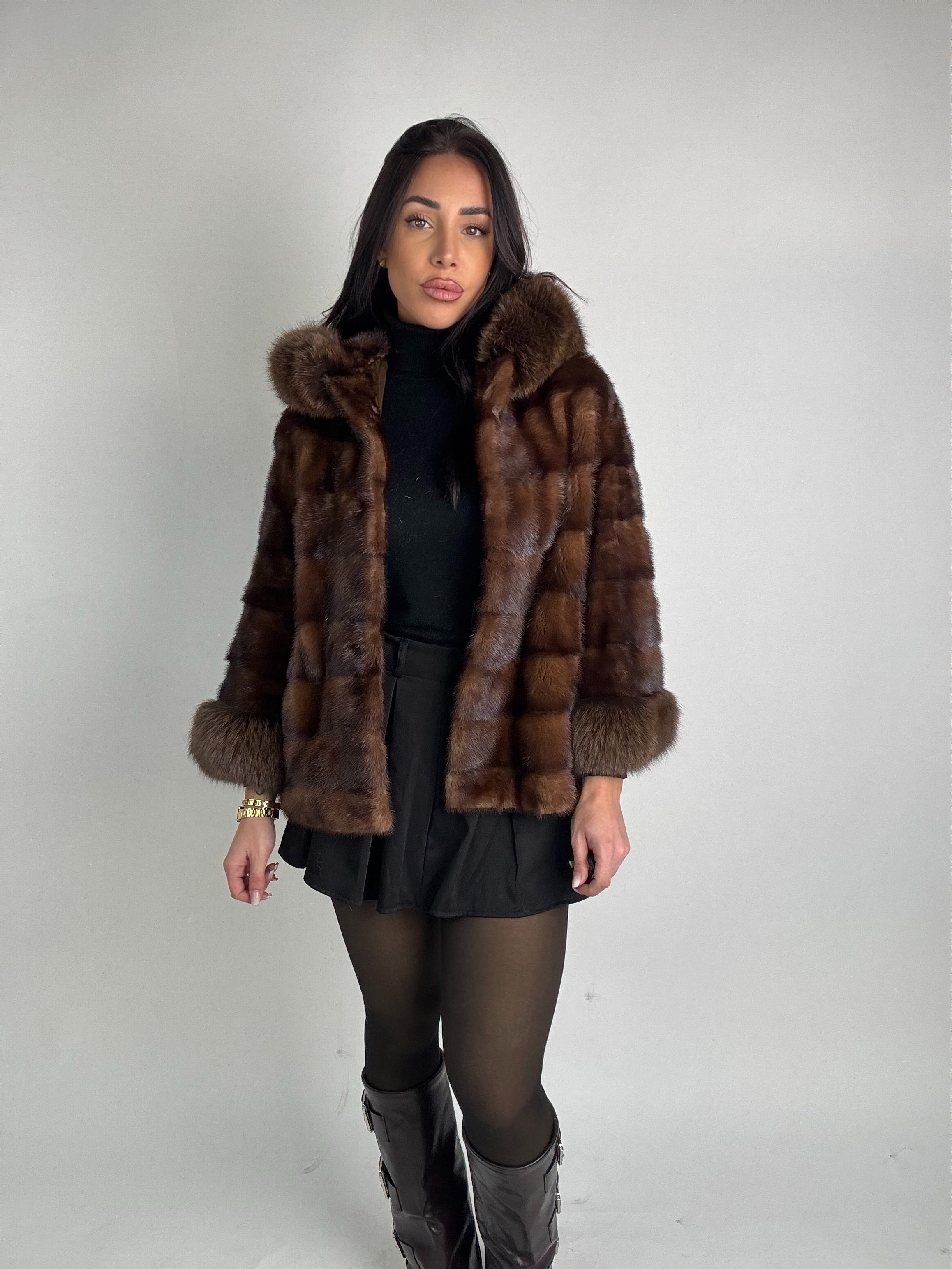 Mink jacket with belt and hood