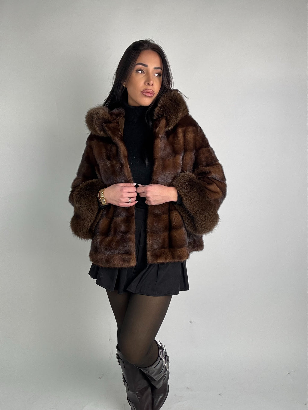 Mink jacket with belt and hood