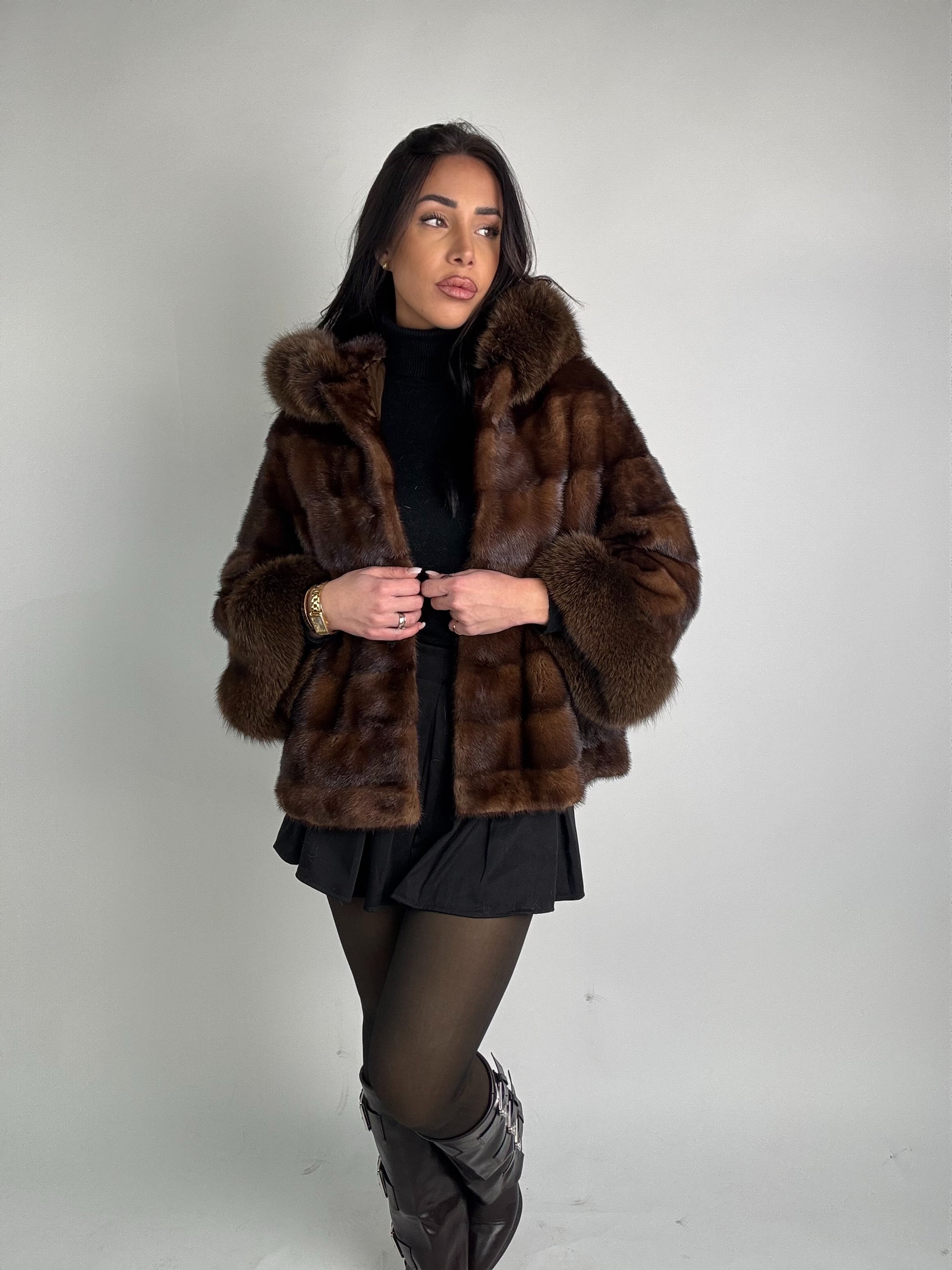Mink jacket with belt and hood