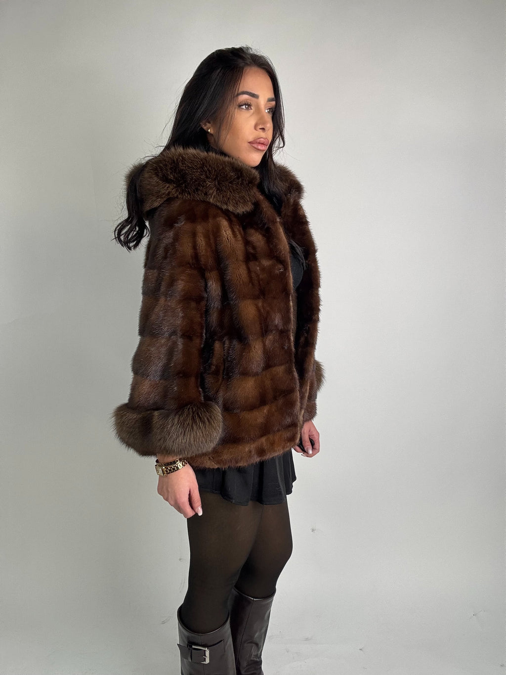 Mink jacket with belt and hood