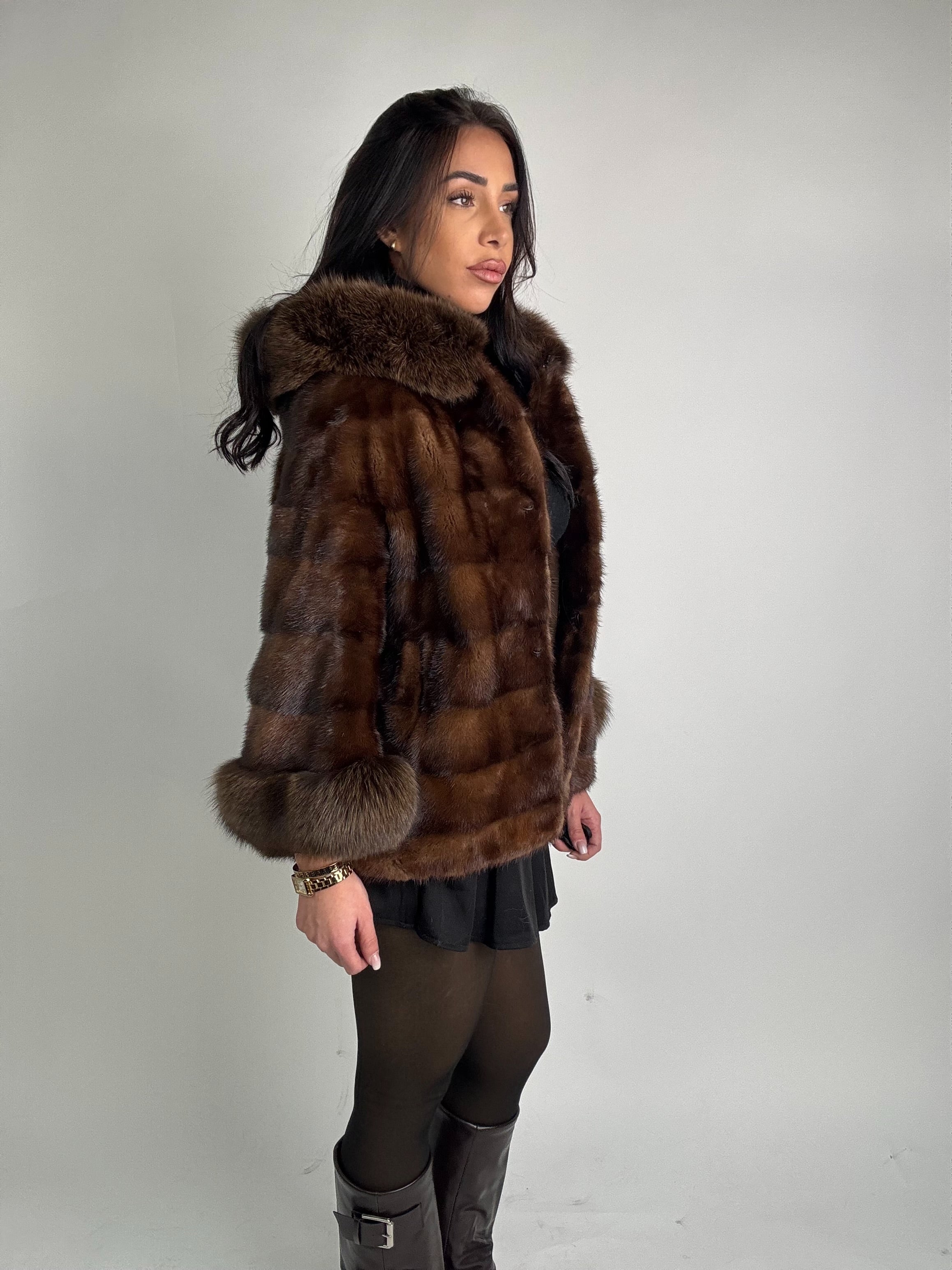 Mink jacket with belt and hood