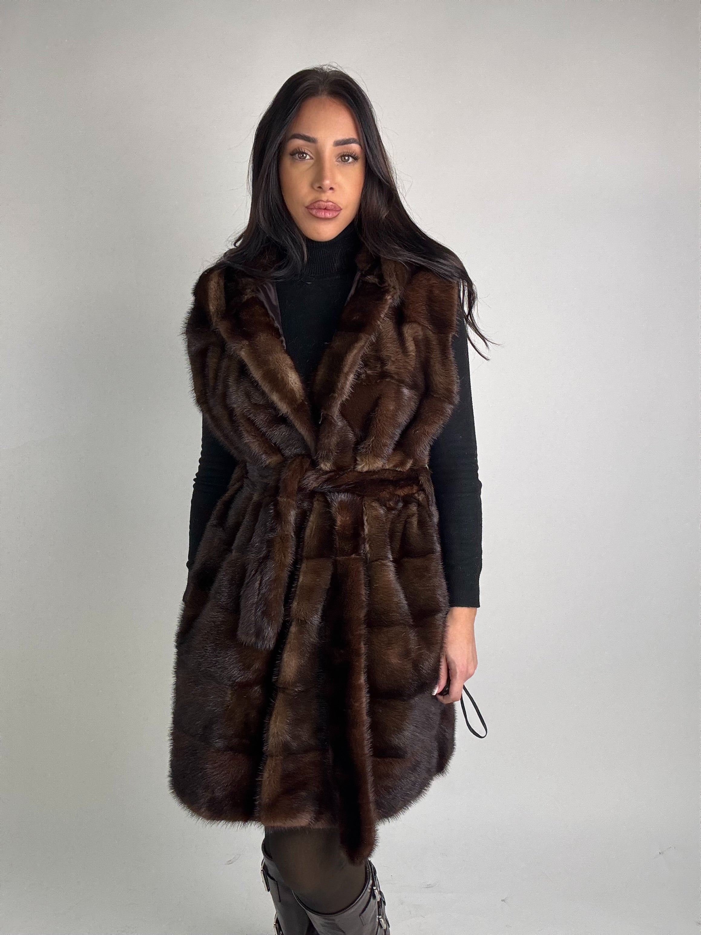 Mink jacket with belt and hood