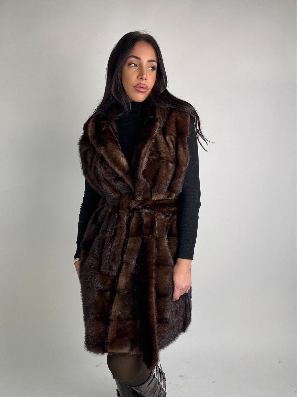 Mink jacket with belt and hood