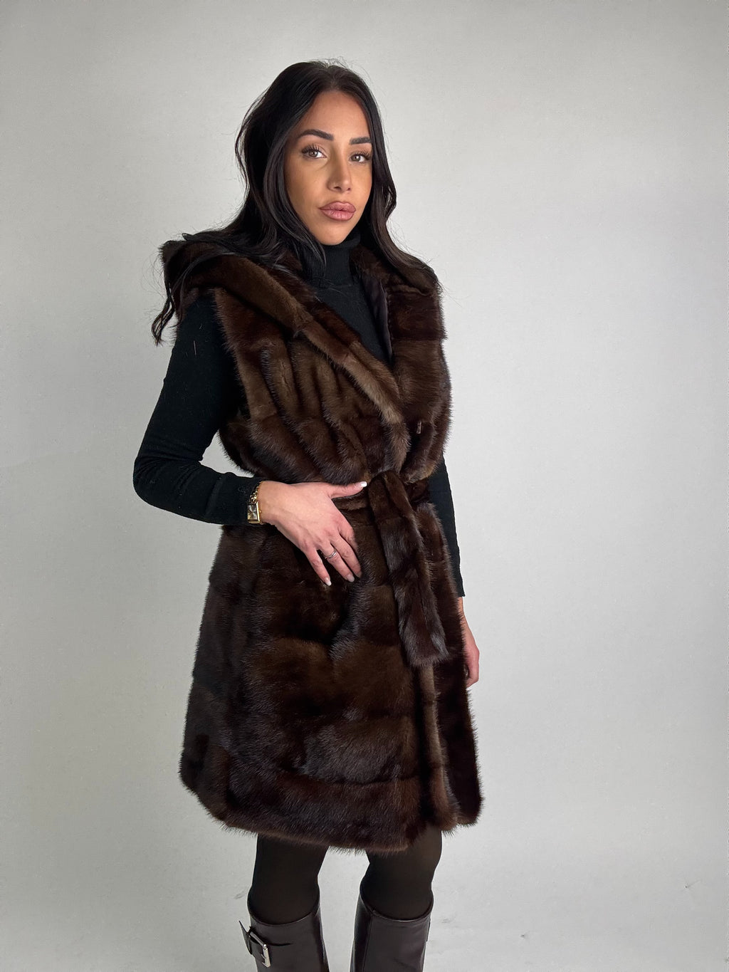 Mink jacket with belt and hood