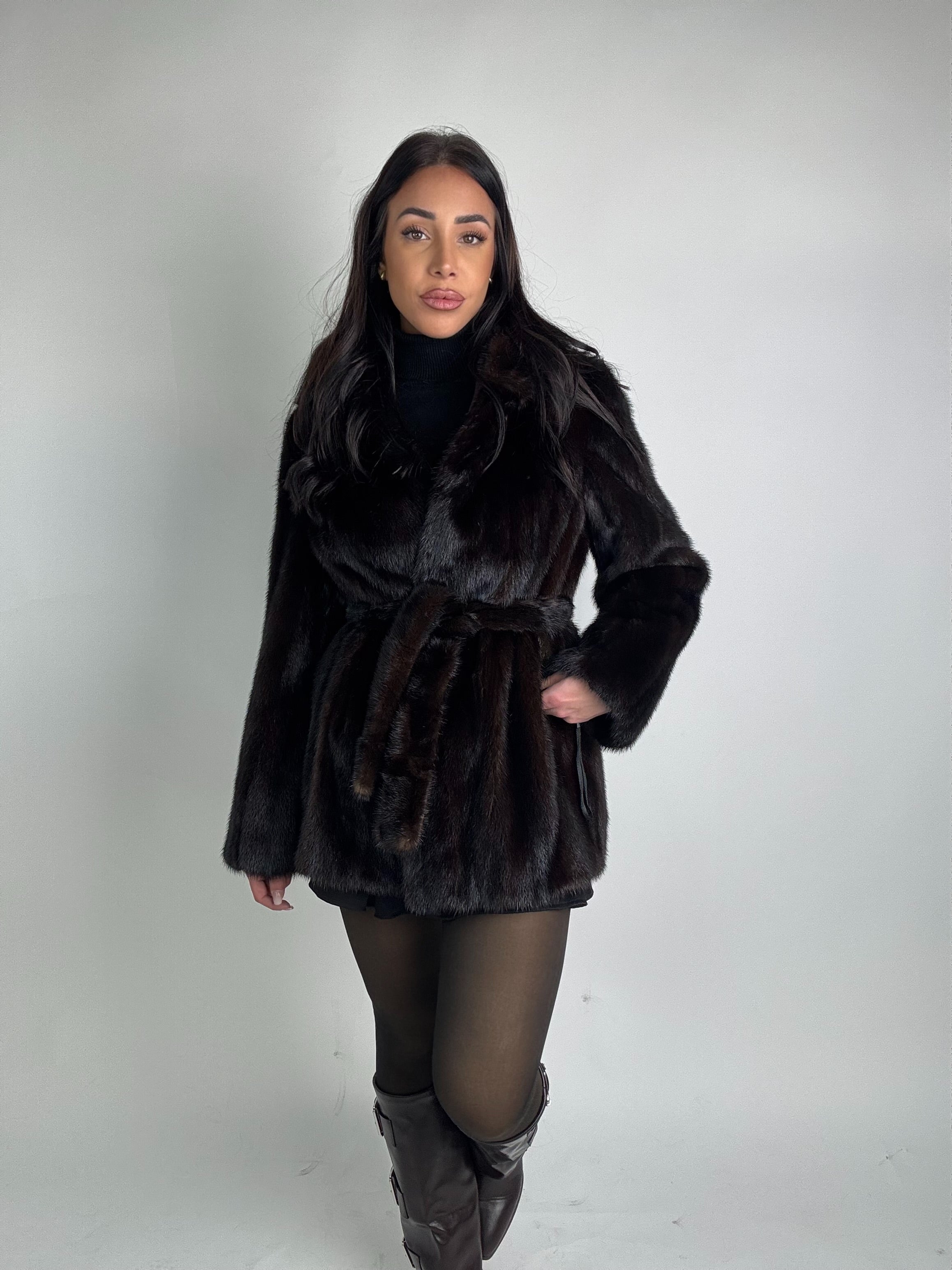 Mink jacket with belt and hood