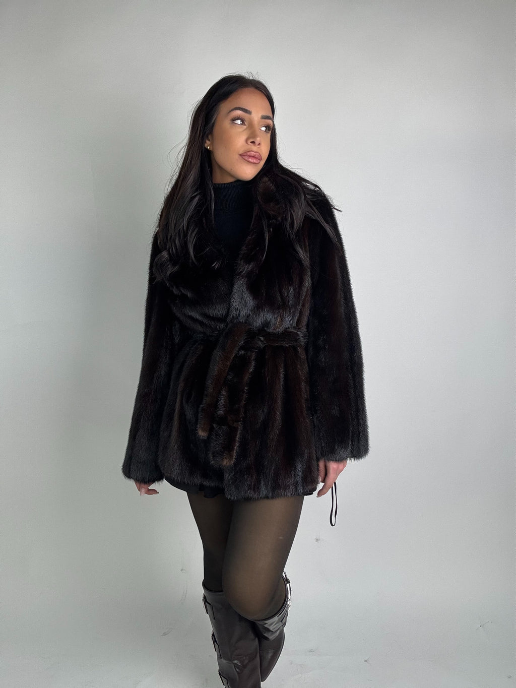 Mink jacket with belt and hood