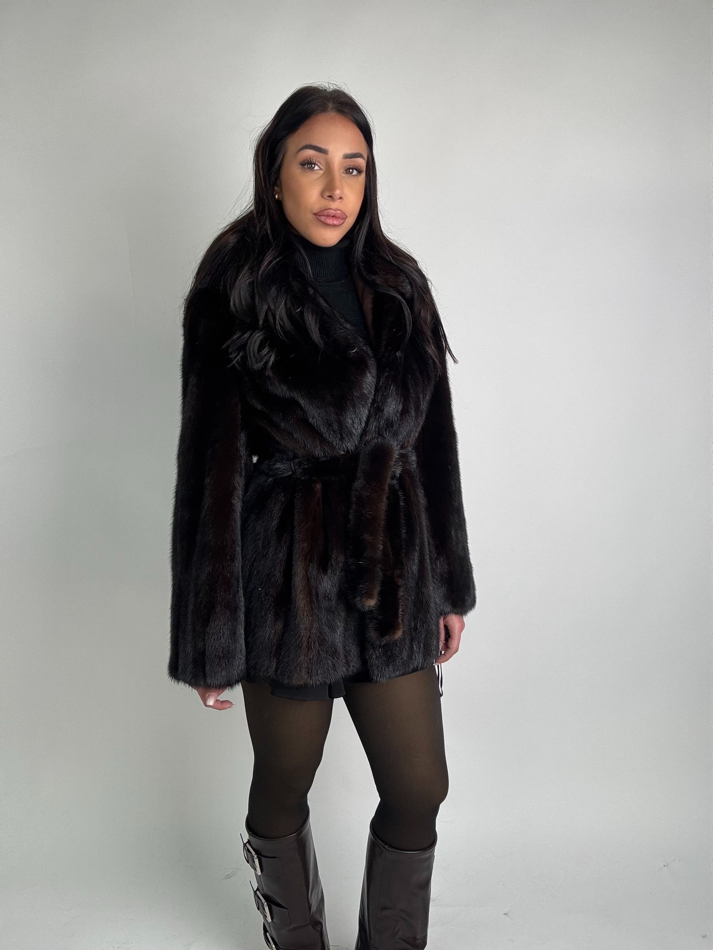 Mink jacket with belt and hood