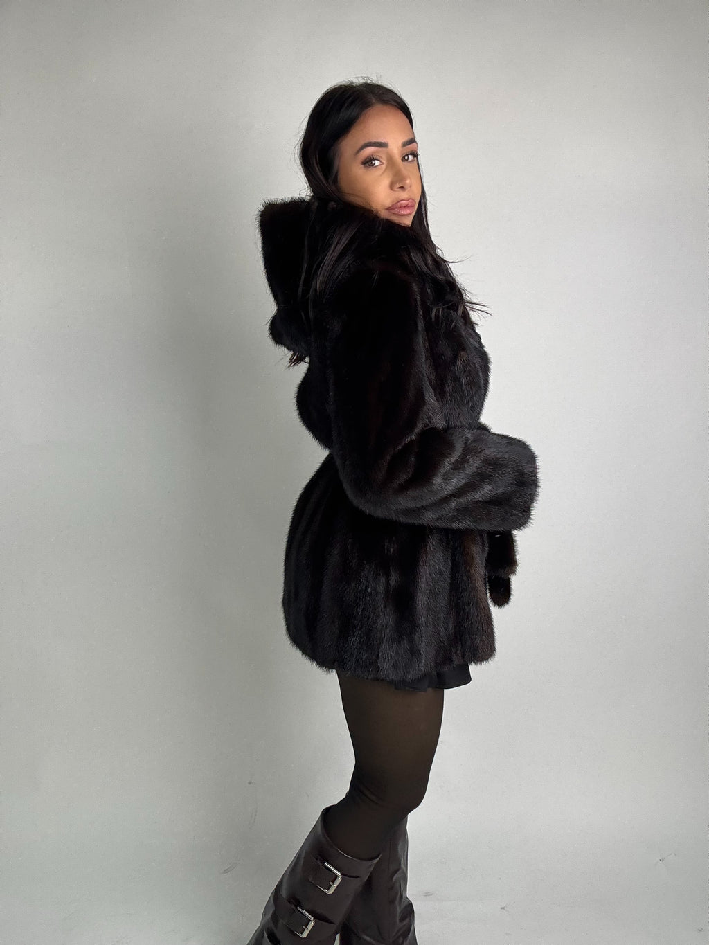 Mink jacket with belt and hood