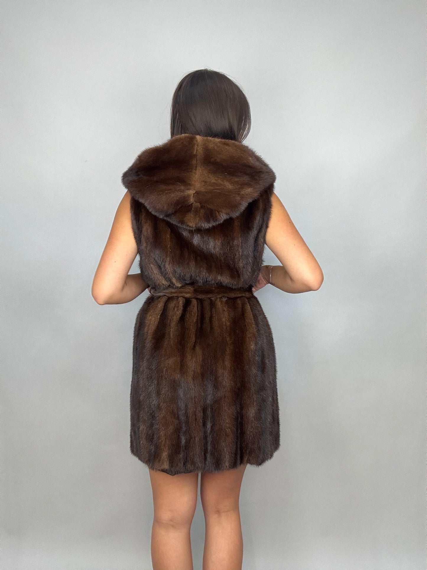 Mink vest with belt and hood