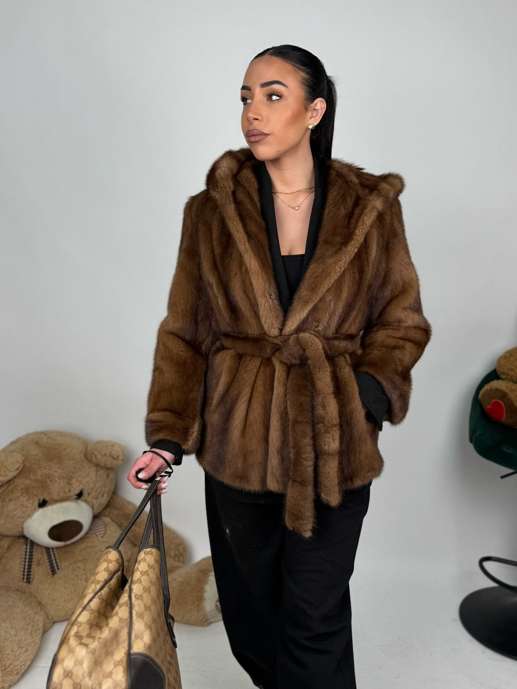 Mink jacket with belt and hood