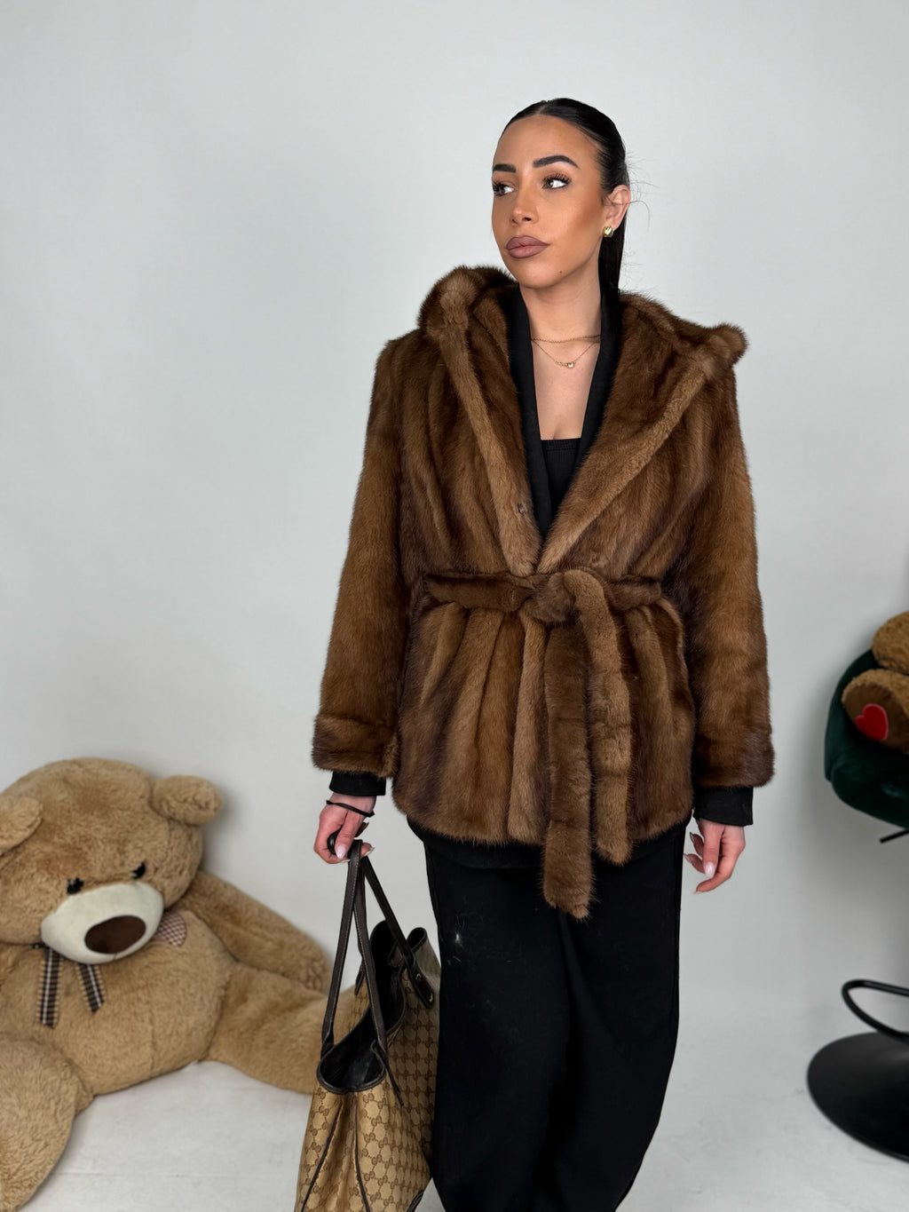 Mink jacket with belt and hood