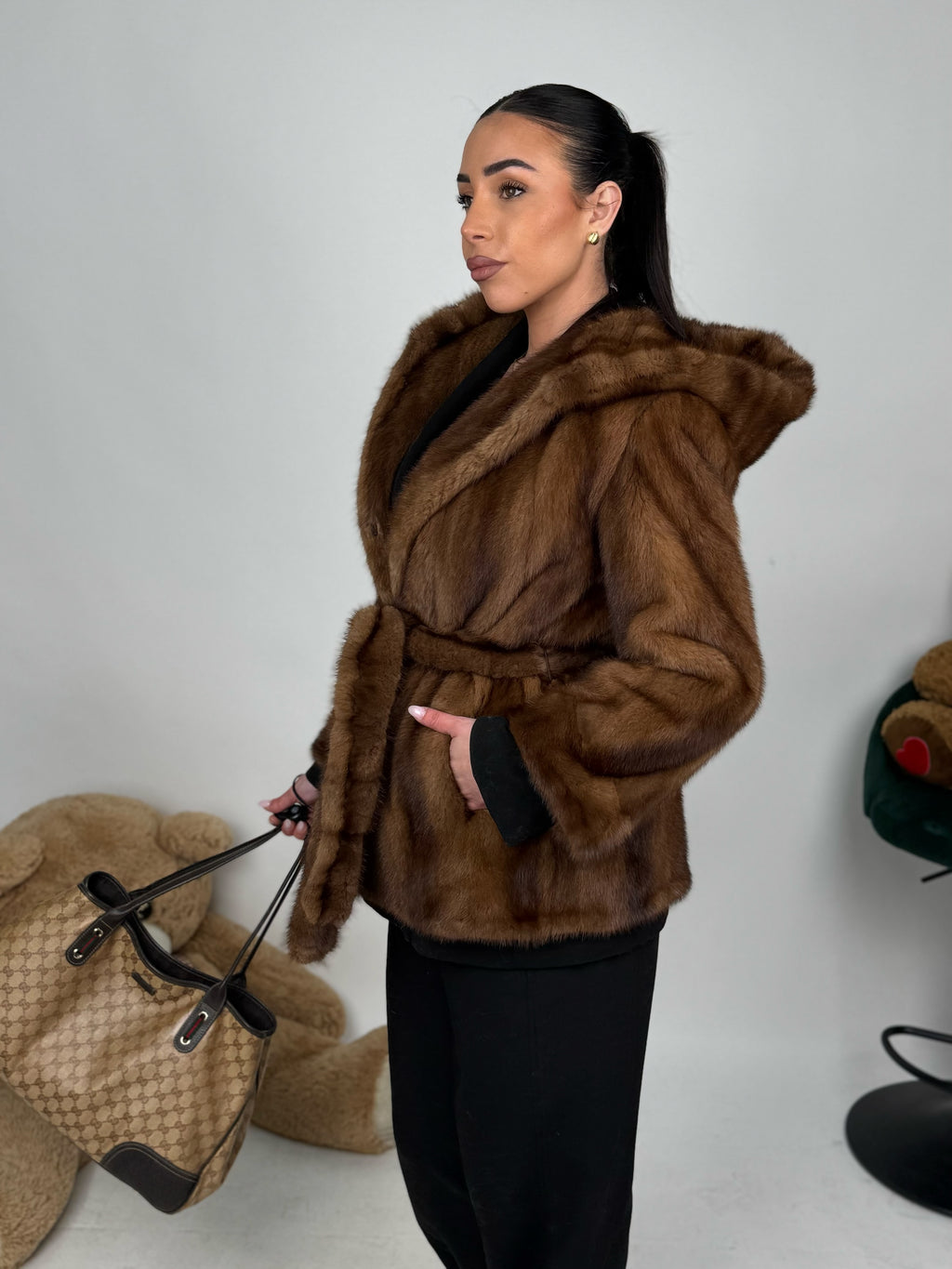Mink jacket with belt and hood