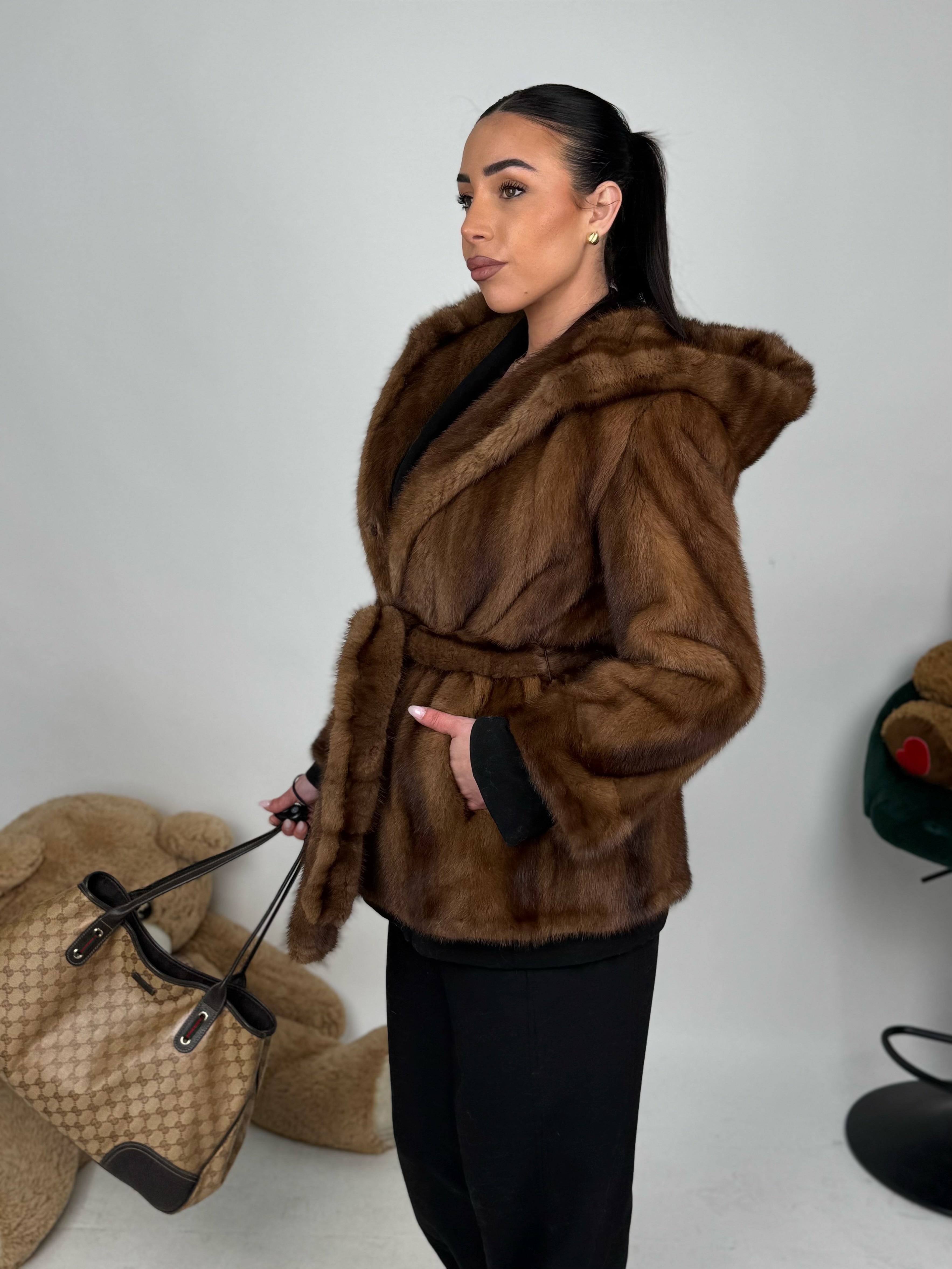 Mink jacket with belt and hood