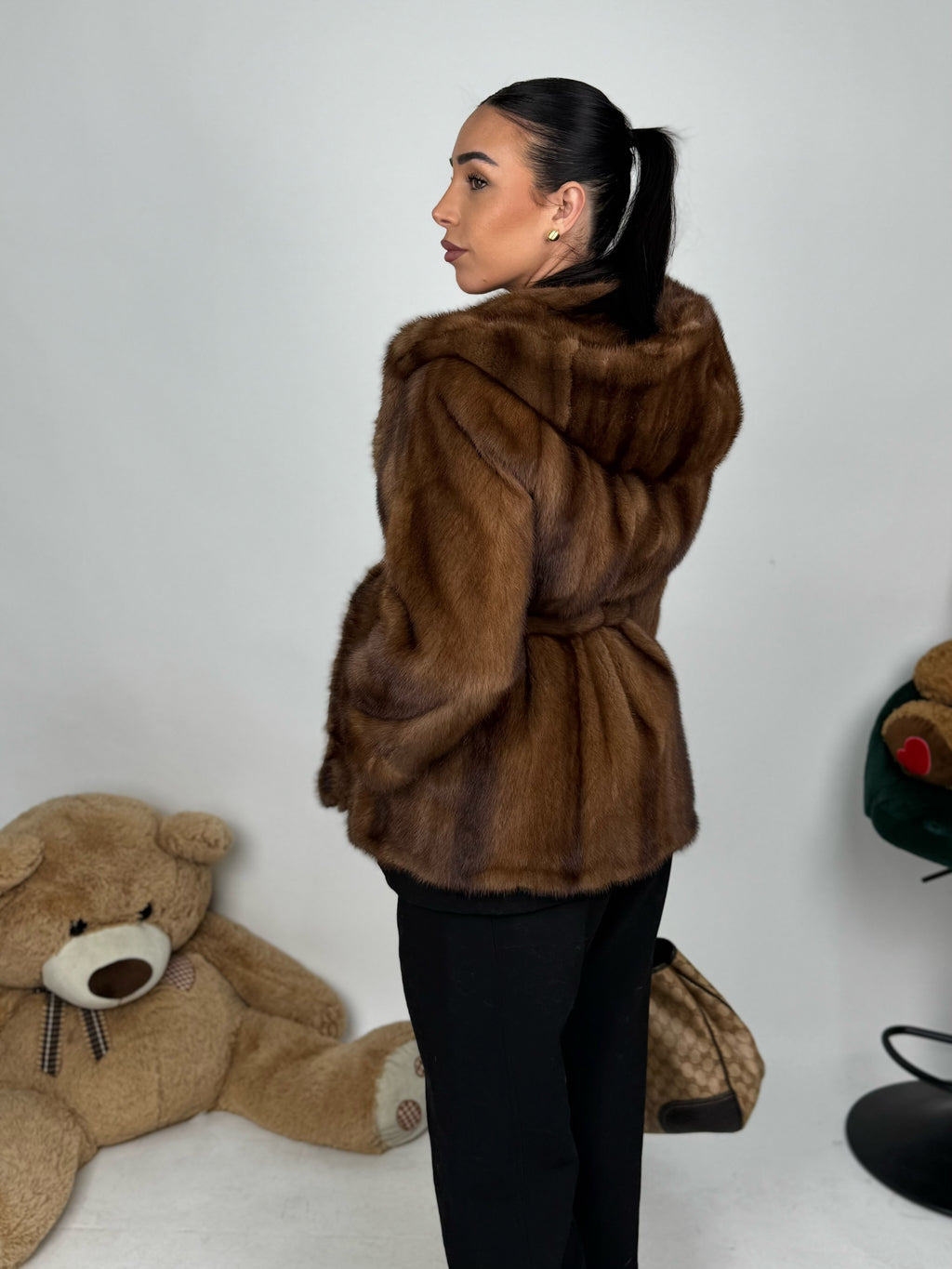 Mink jacket with belt and hood