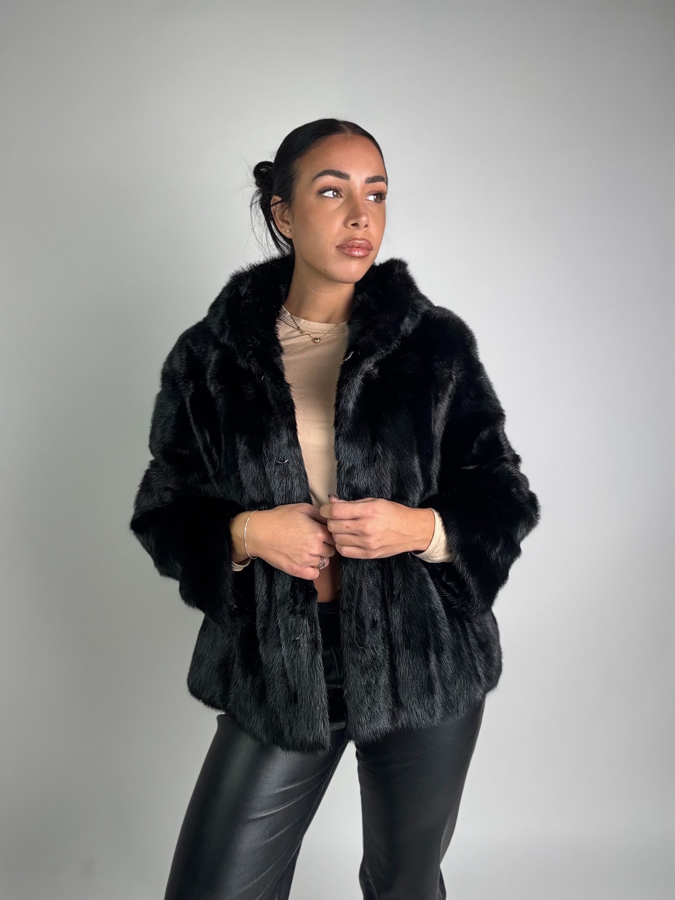 Mink vest with belt and hood