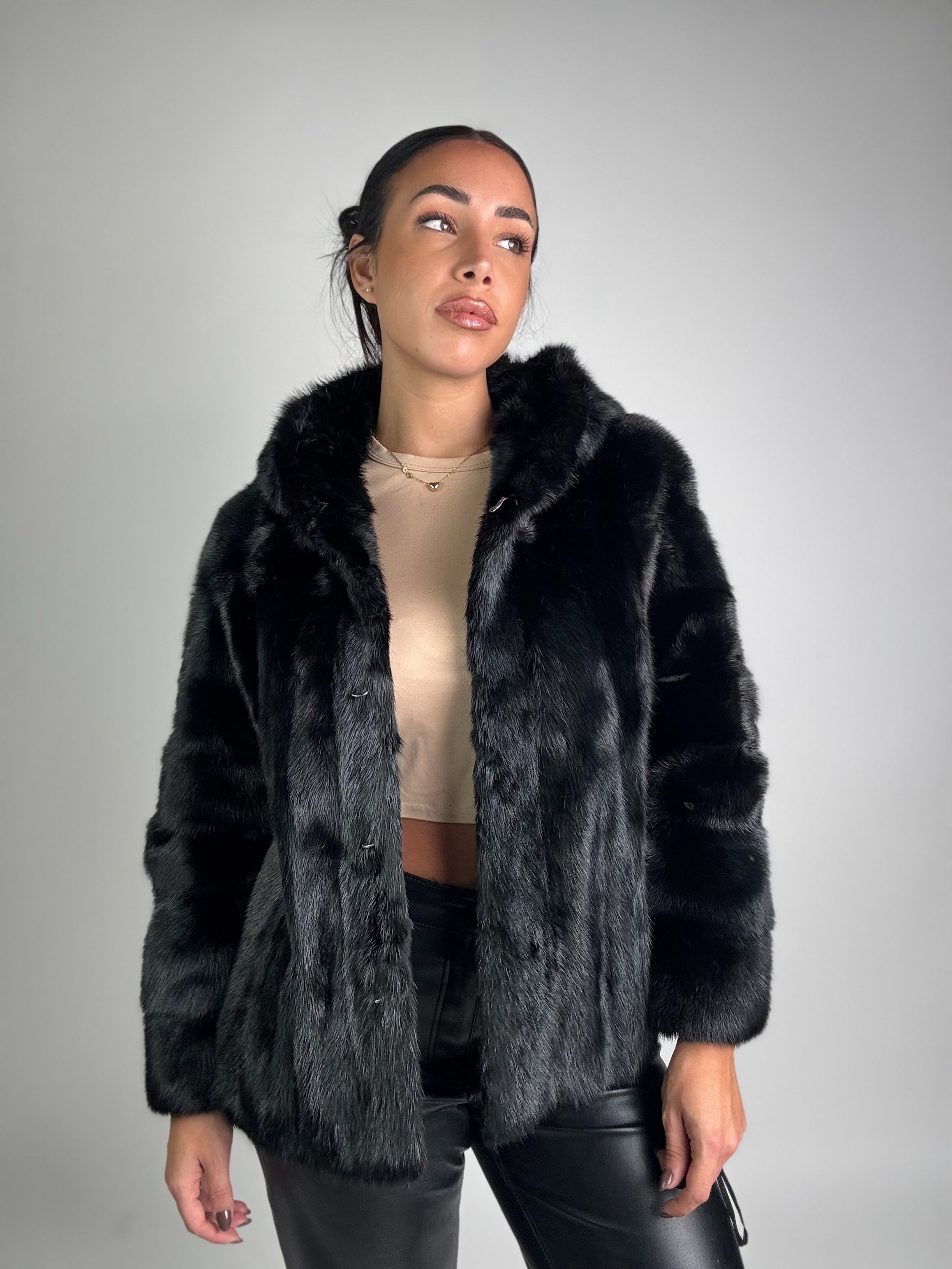 Mink vest with belt and hood