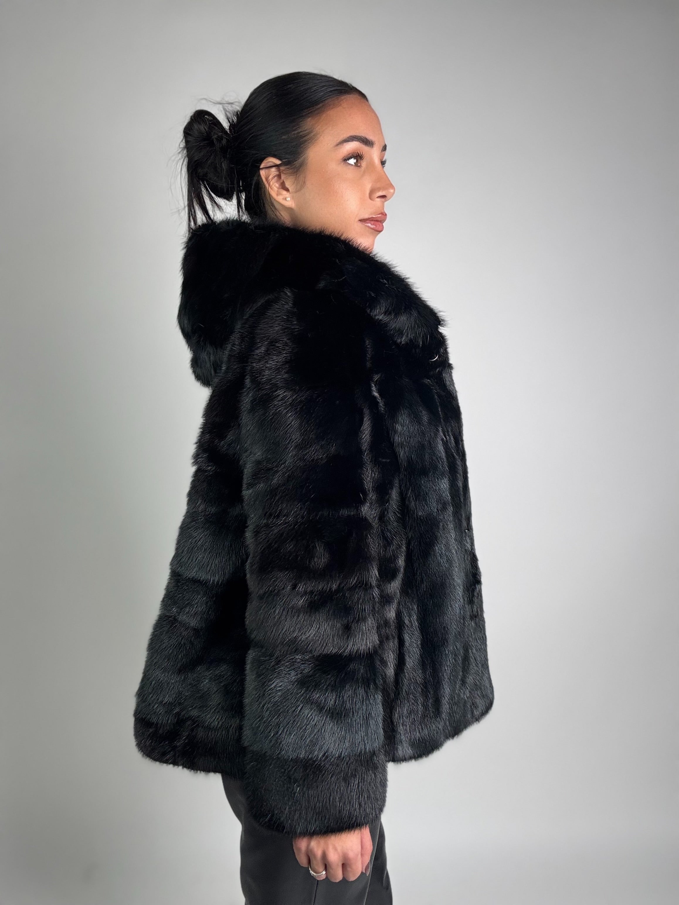 Mink vest with belt and hood