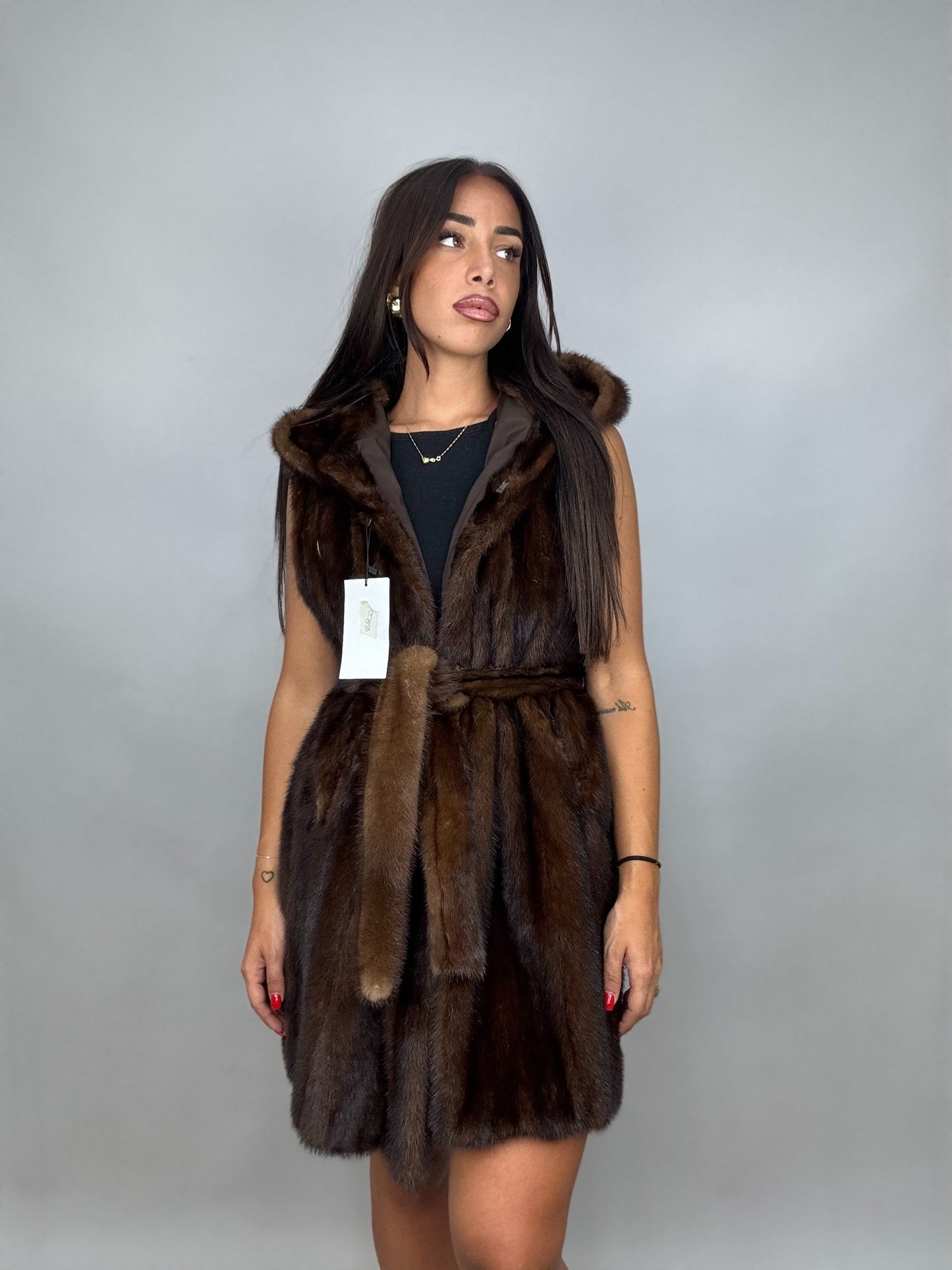 Mink vest with belt and hood