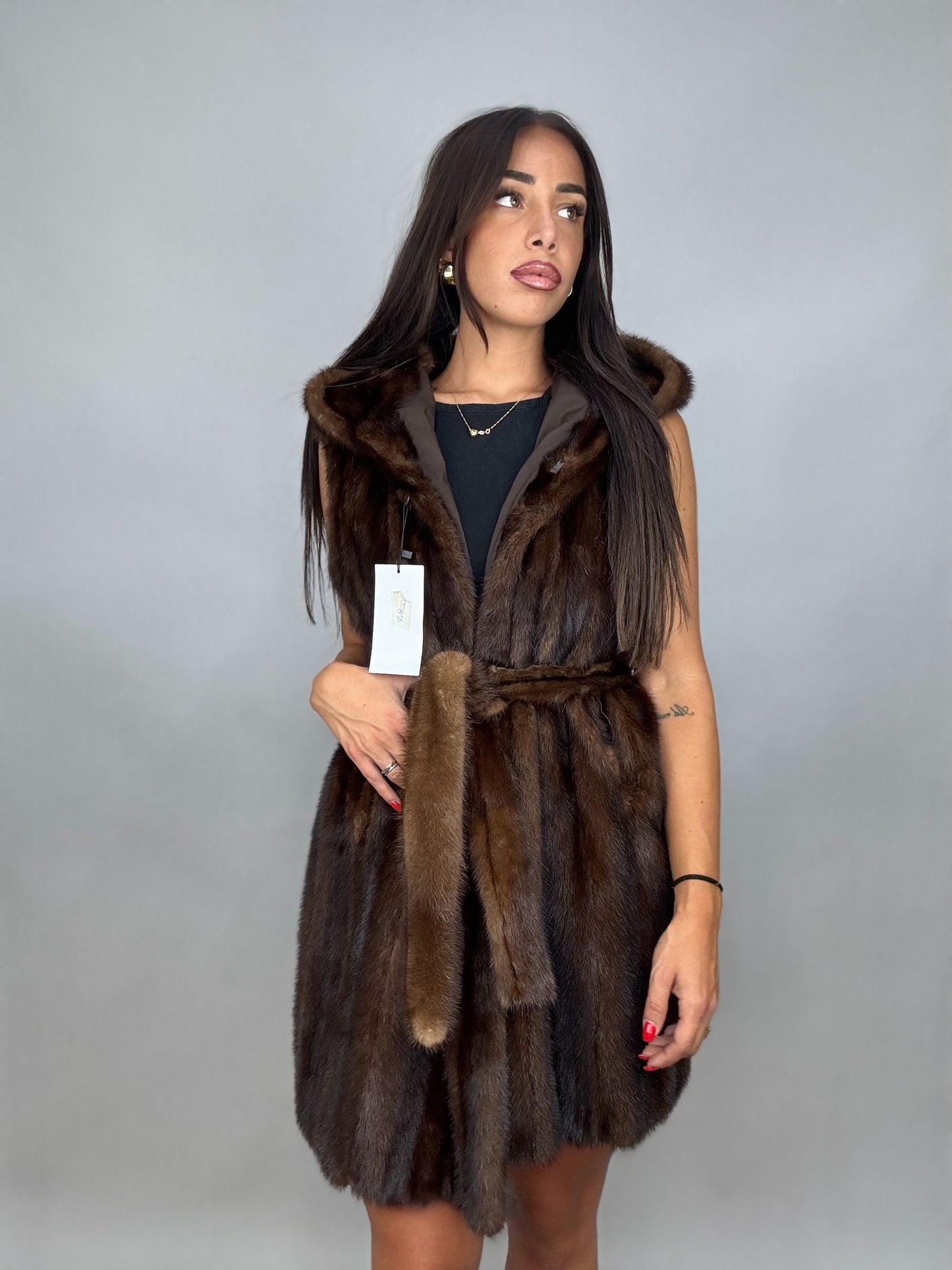 Mink vest with belt and hood
