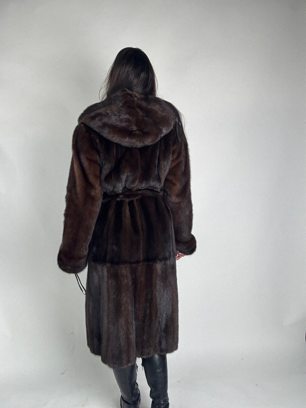 Mink jacket with belt and hood