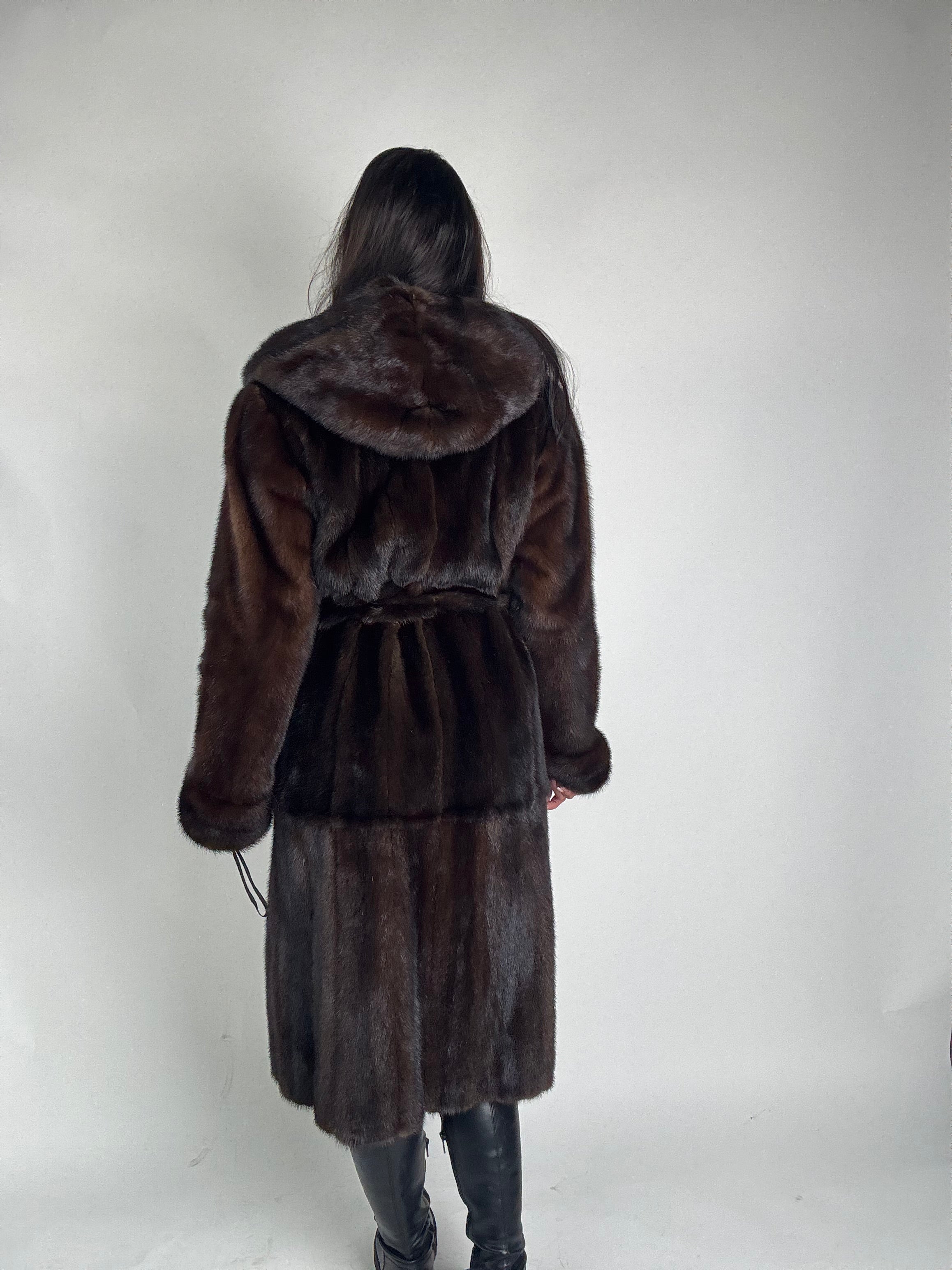 Mink jacket with belt and hood