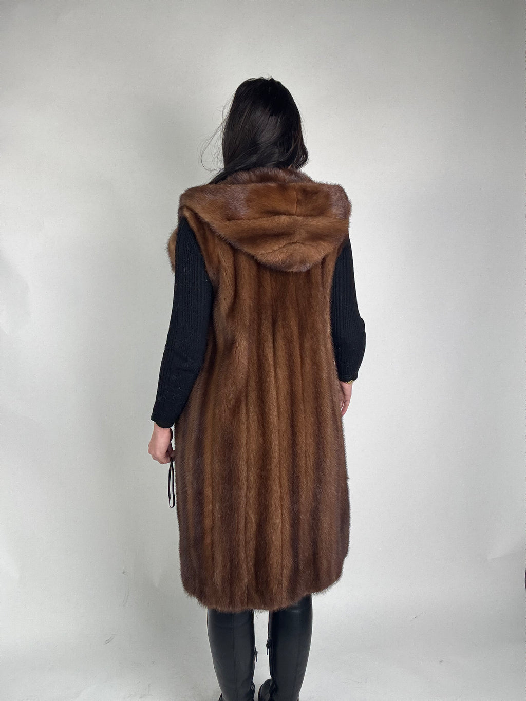 Mink jacket with belt and hood