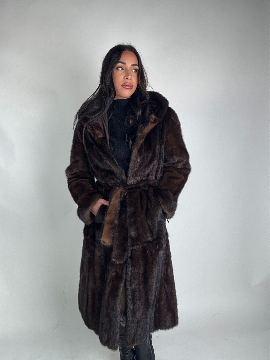 Mink jacket with belt and hood