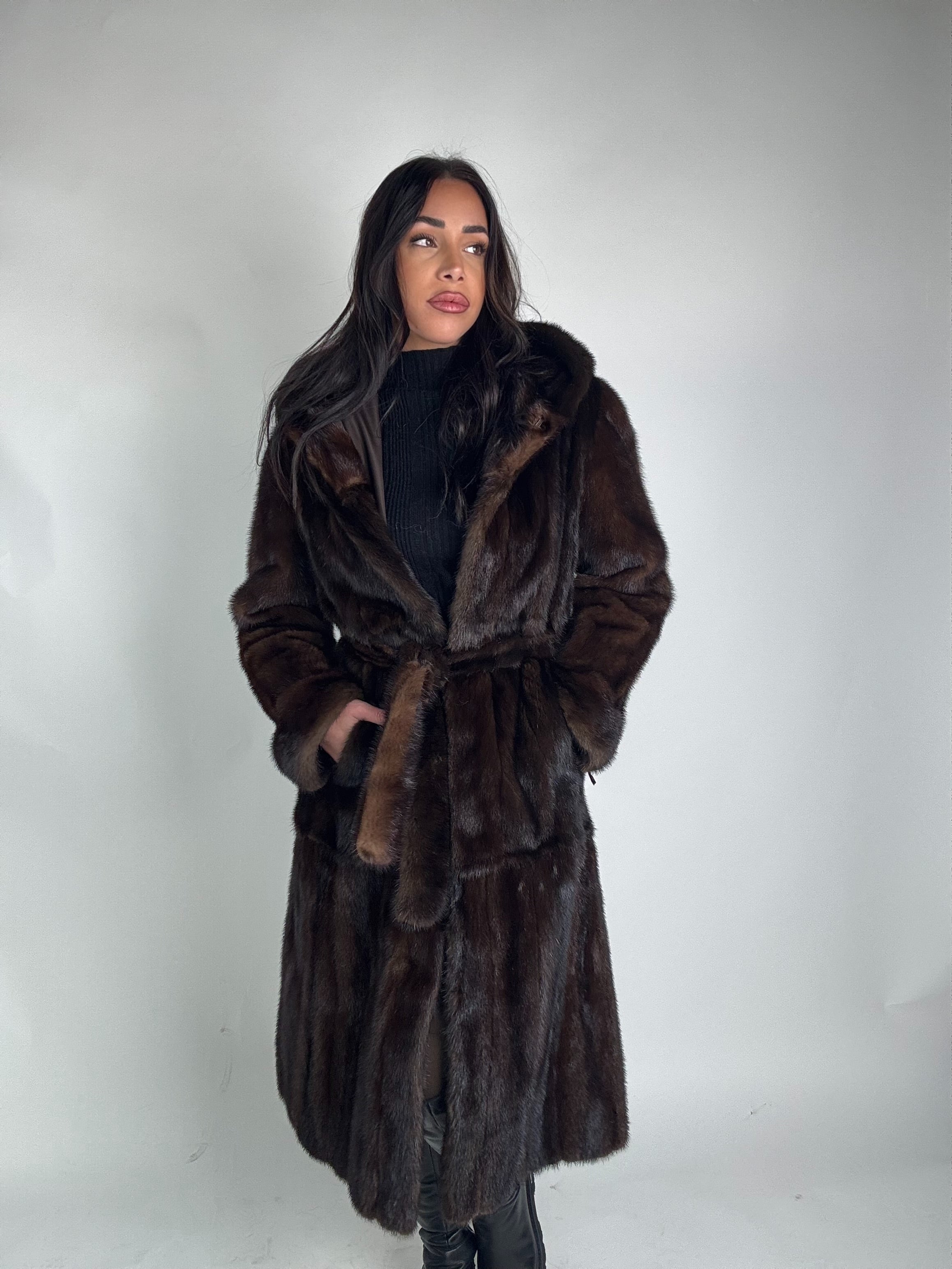 Mink jacket with belt and hood