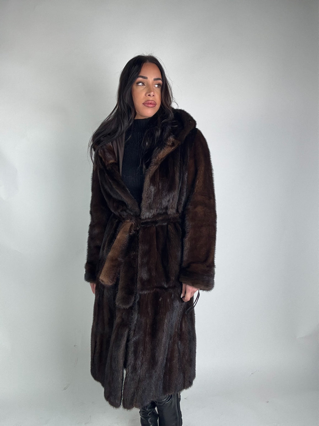 Mink jacket with belt and hood