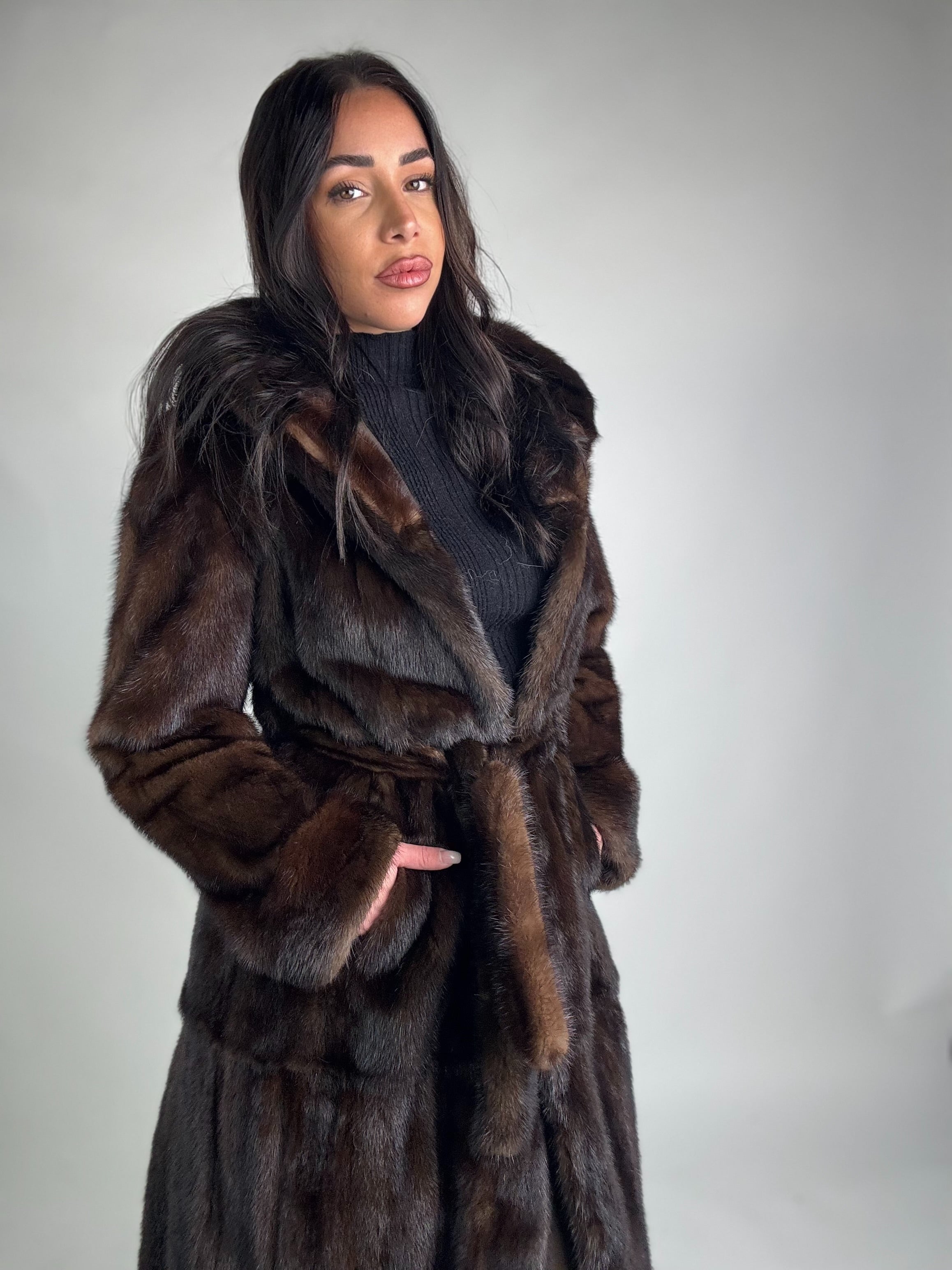 Mink jacket with belt and hood