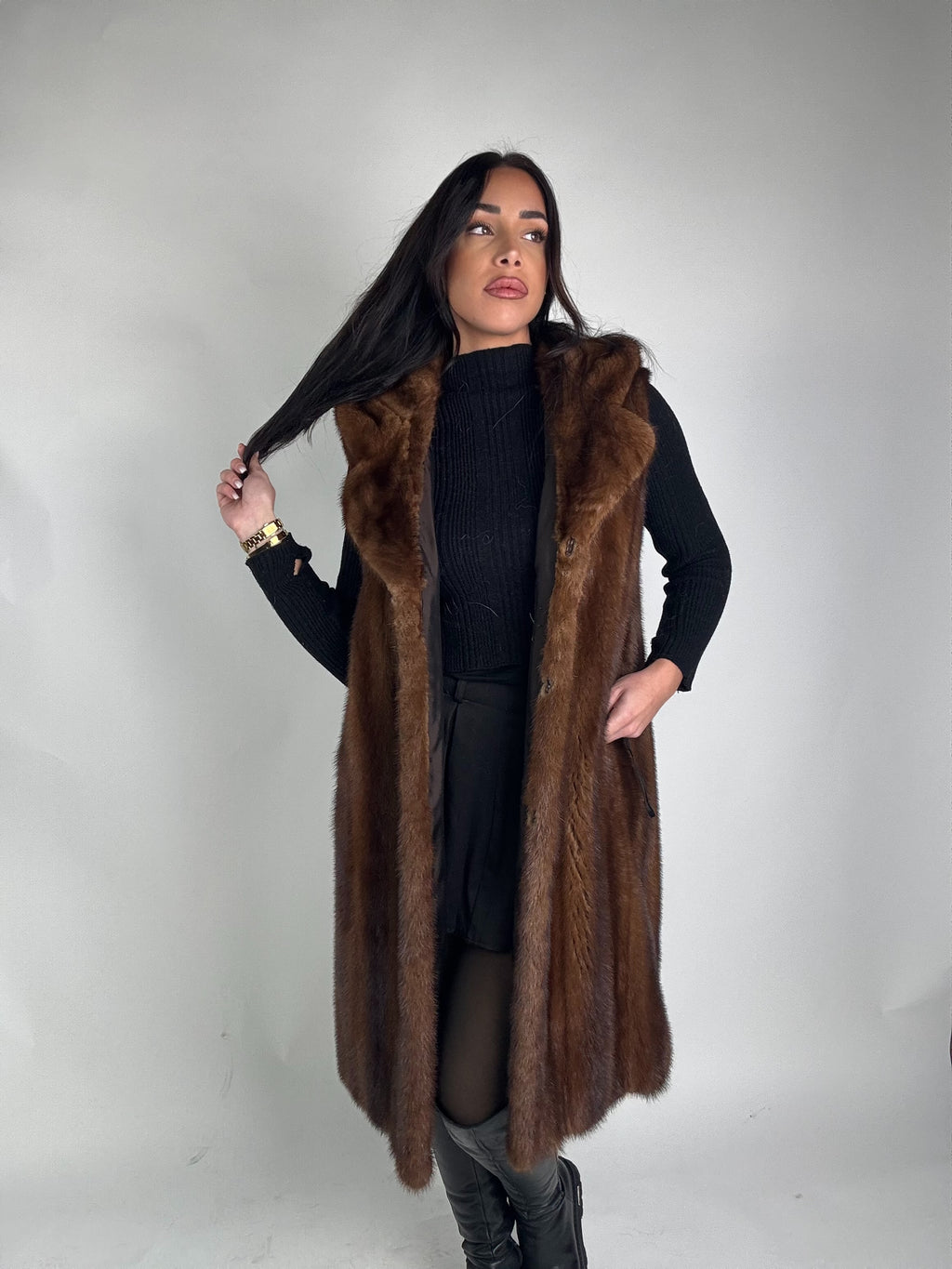 Mink jacket with belt and hood