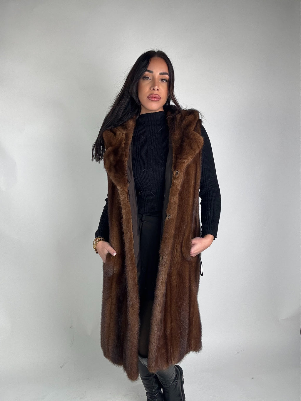 Mink jacket with belt and hood