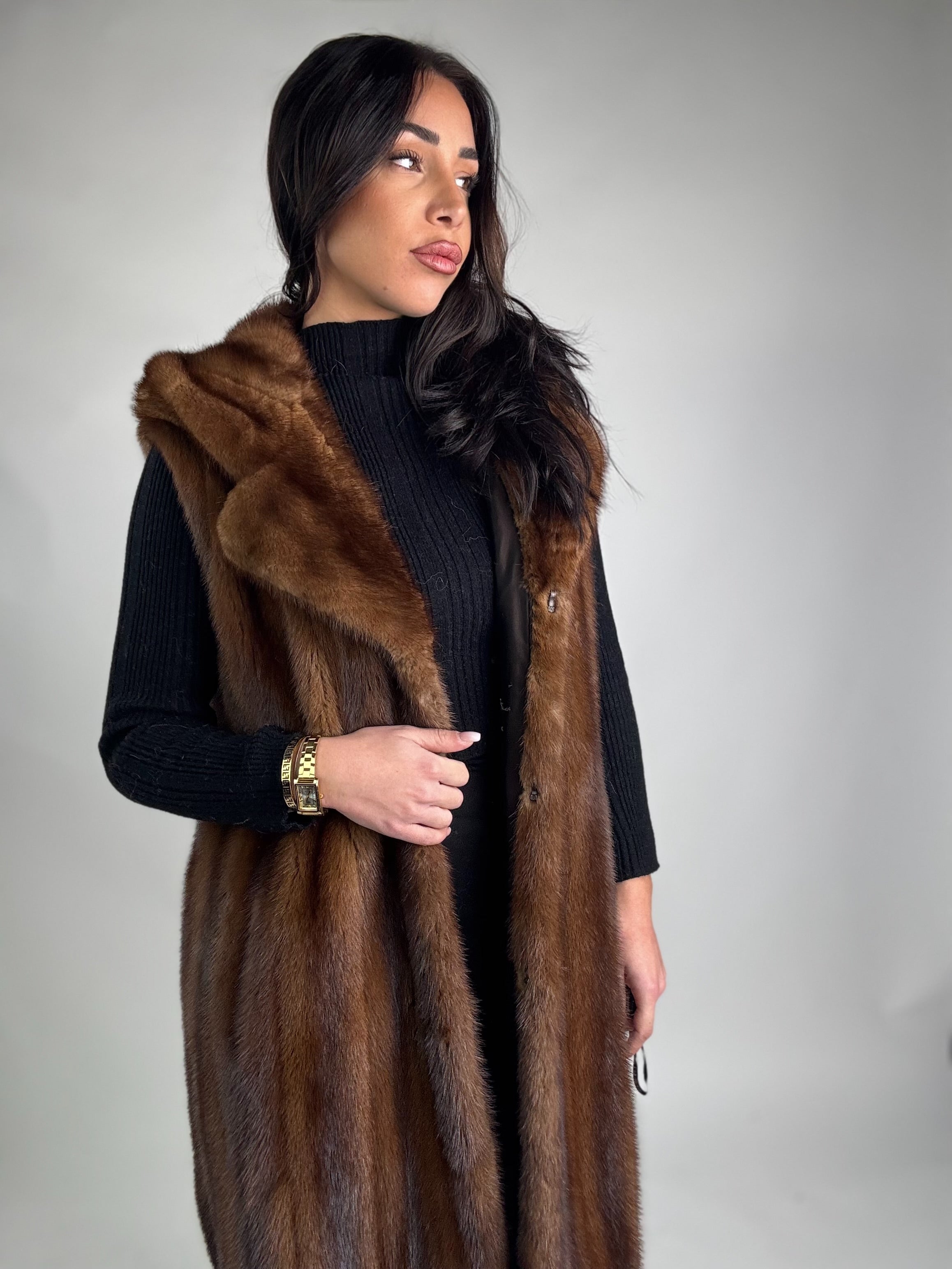 Mink jacket with belt and hood