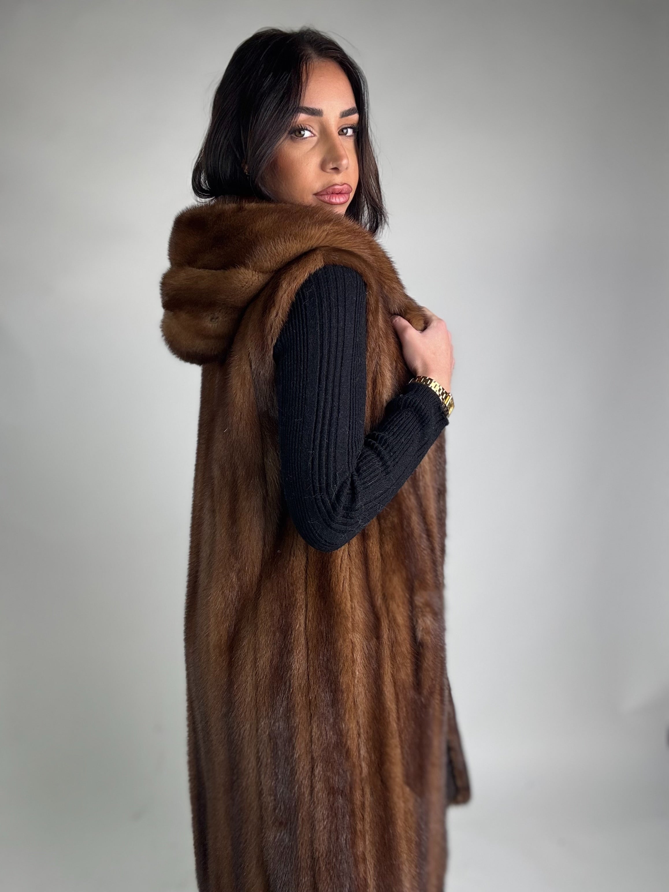 Mink jacket with belt and hood