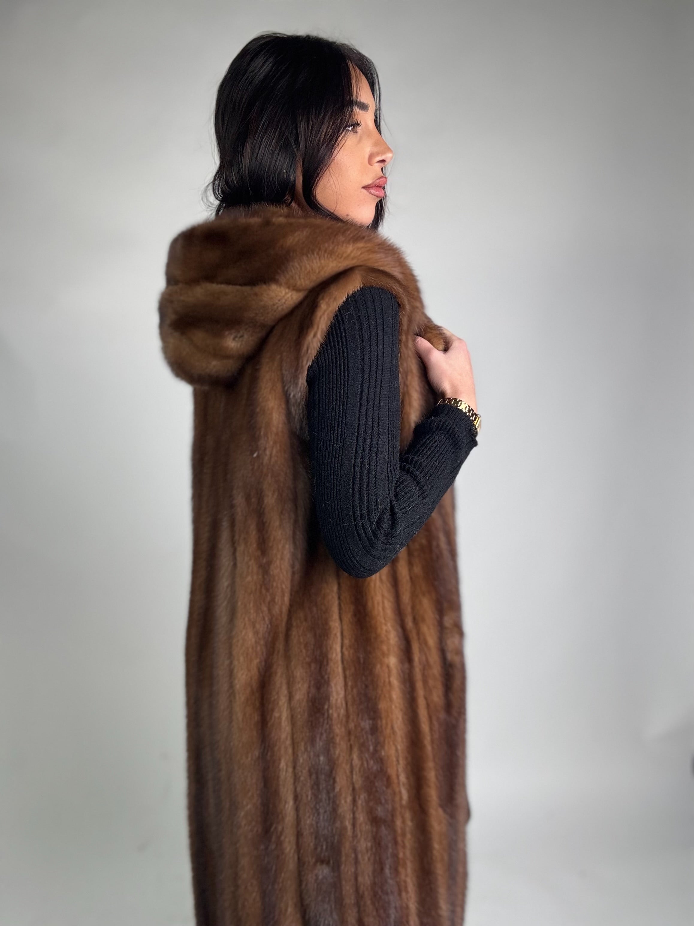 Mink jacket with belt and hood