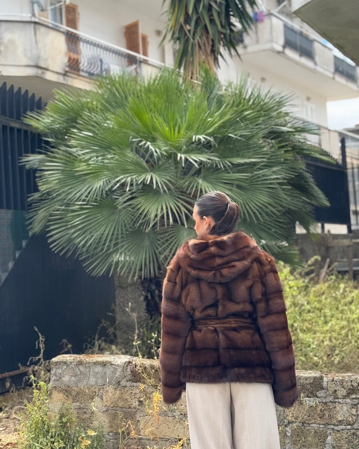Mink jacket with belt and hood
