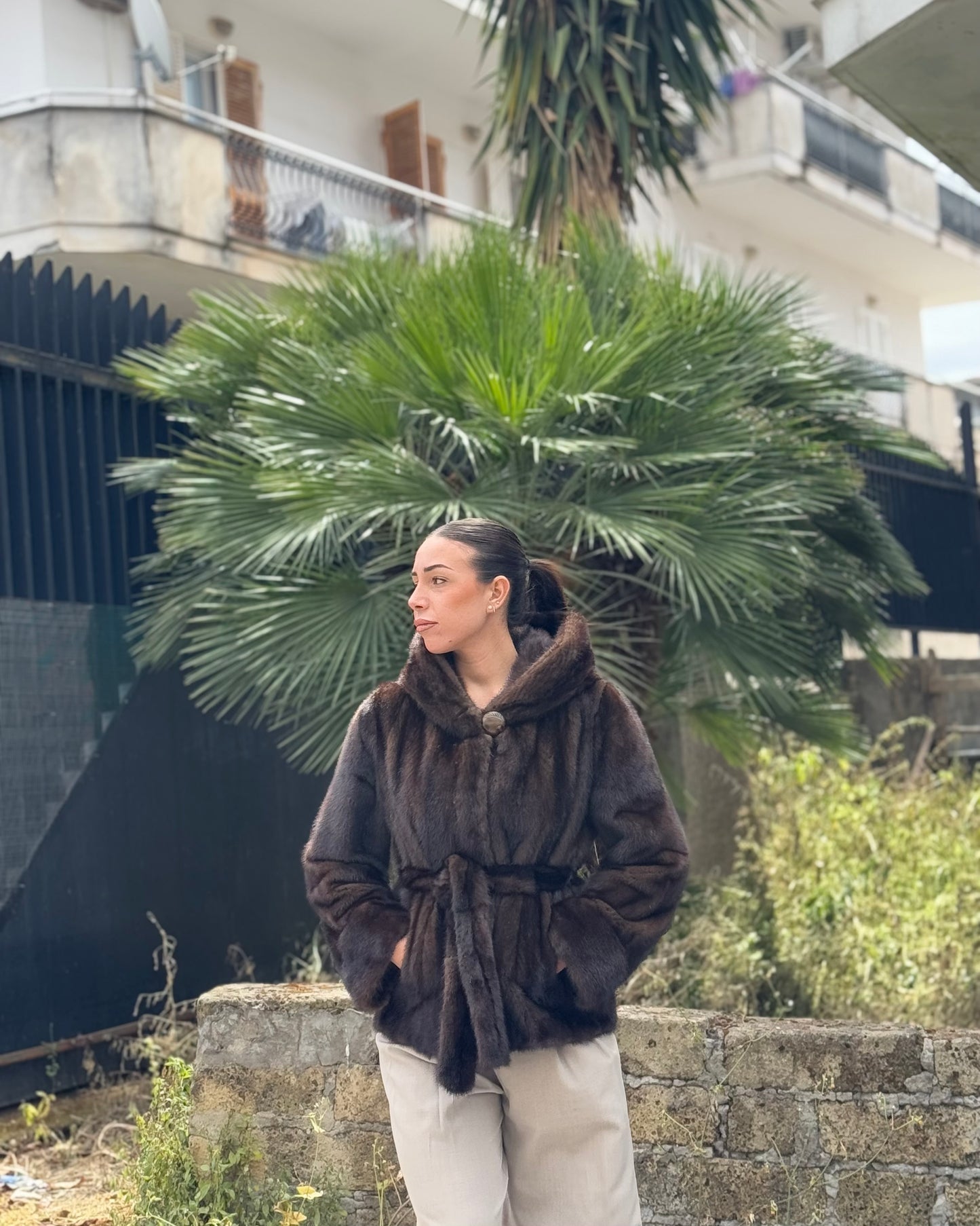 Mink jacket with belt and hood